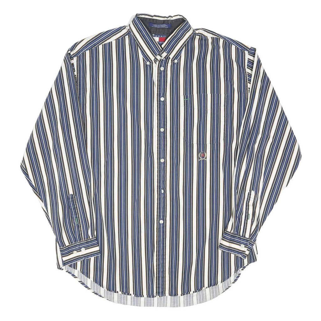 TOMMY HILFIGER Mens Blue & White Striped Shirt L Button-Down Cotton Blend