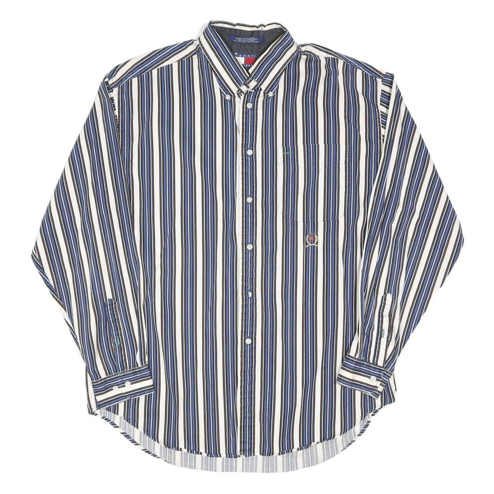 TOMMY HILFIGER Mens Blue & White Striped Shirt L Button-Down Cotton Blend
