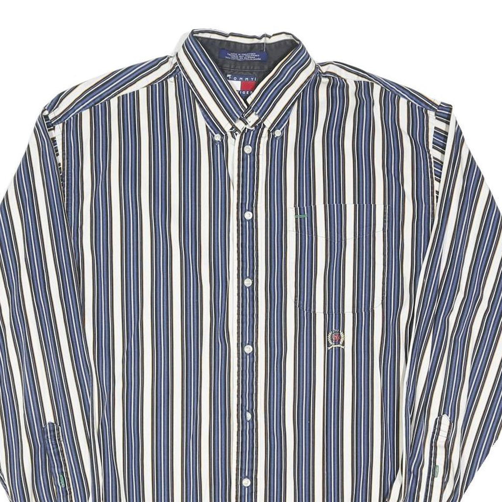 TOMMY HILFIGER Mens Blue & White Striped Shirt L Button-Down Cotton Blend