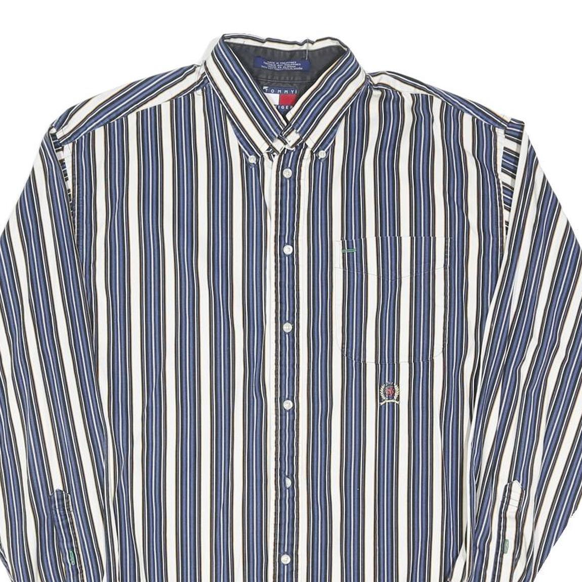 TOMMY HILFIGER Mens Blue & White Striped Shirt L Button-Down Cotton Blend