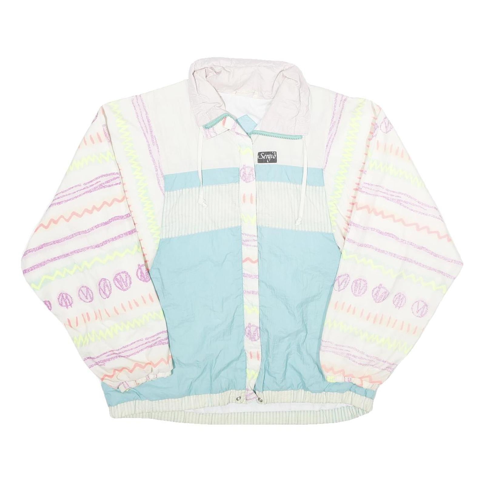 SERGIO VALENTE Womens White & Blue Retro Nylon Zip Jacket M Lightweight