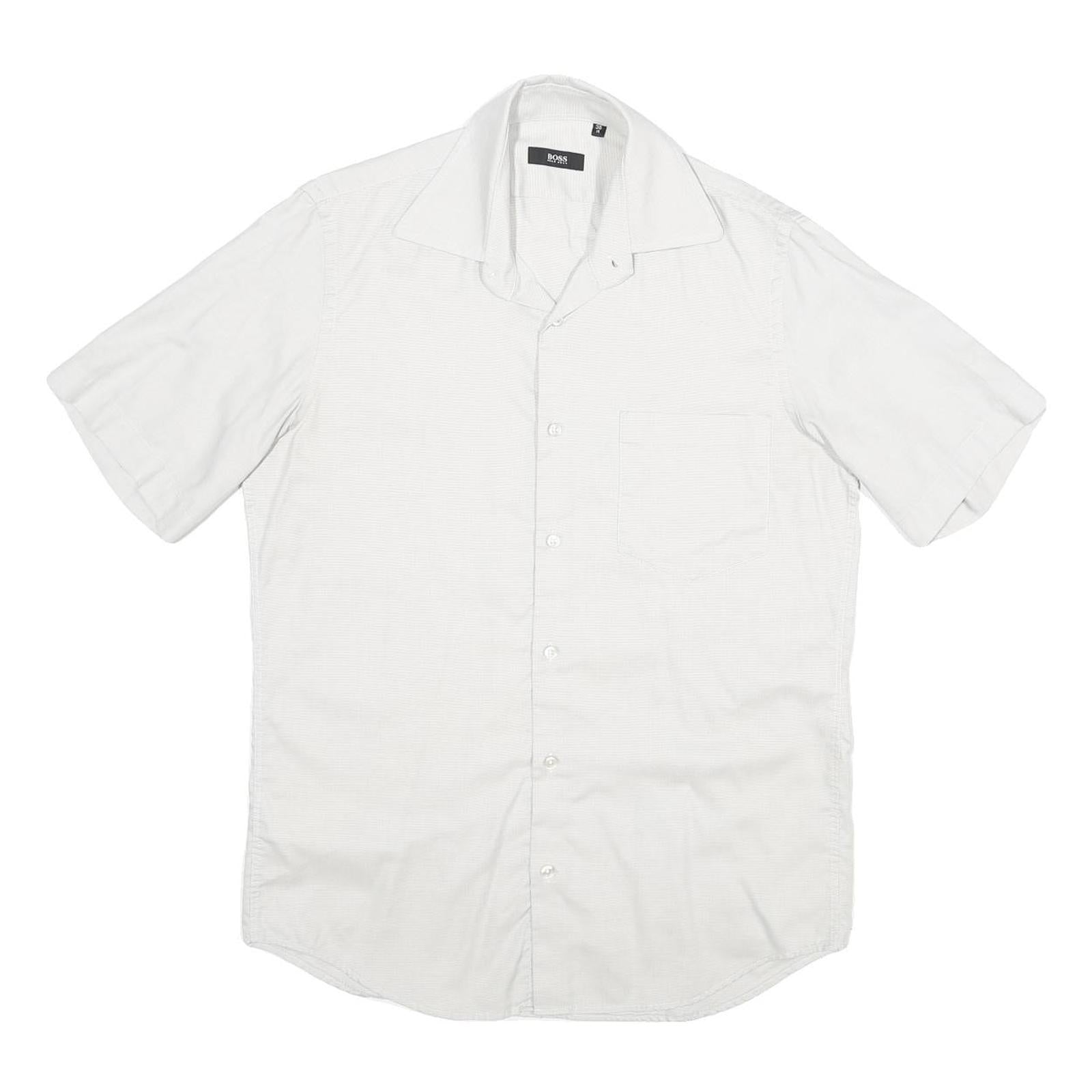 HUGO BOSS Mens White Plain Short Sleeve Shirt S Cotton Blend Summer Style