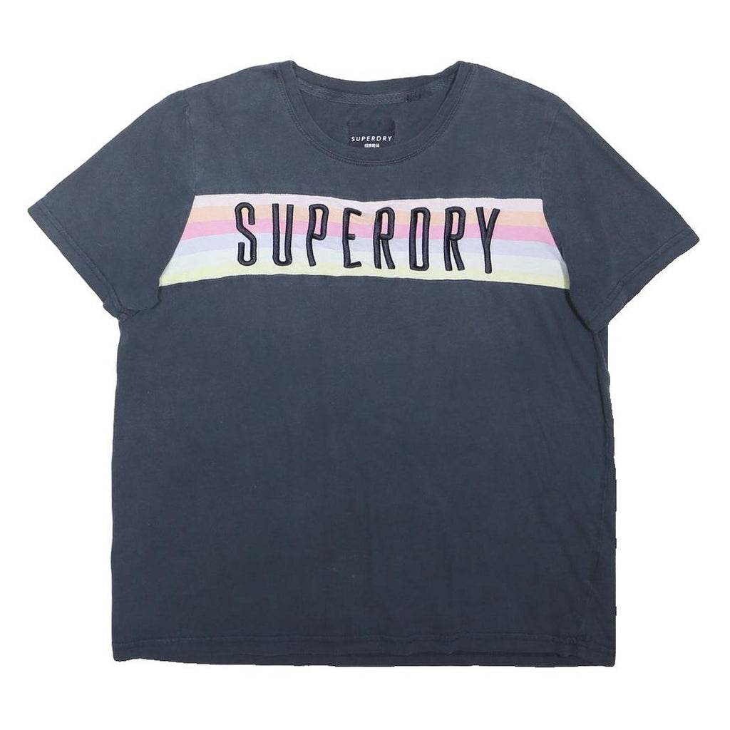 SUPERDRY Womens Navy Blue & Pastel Stripe Graphic T-Shirt UK 12 Short Sleeve