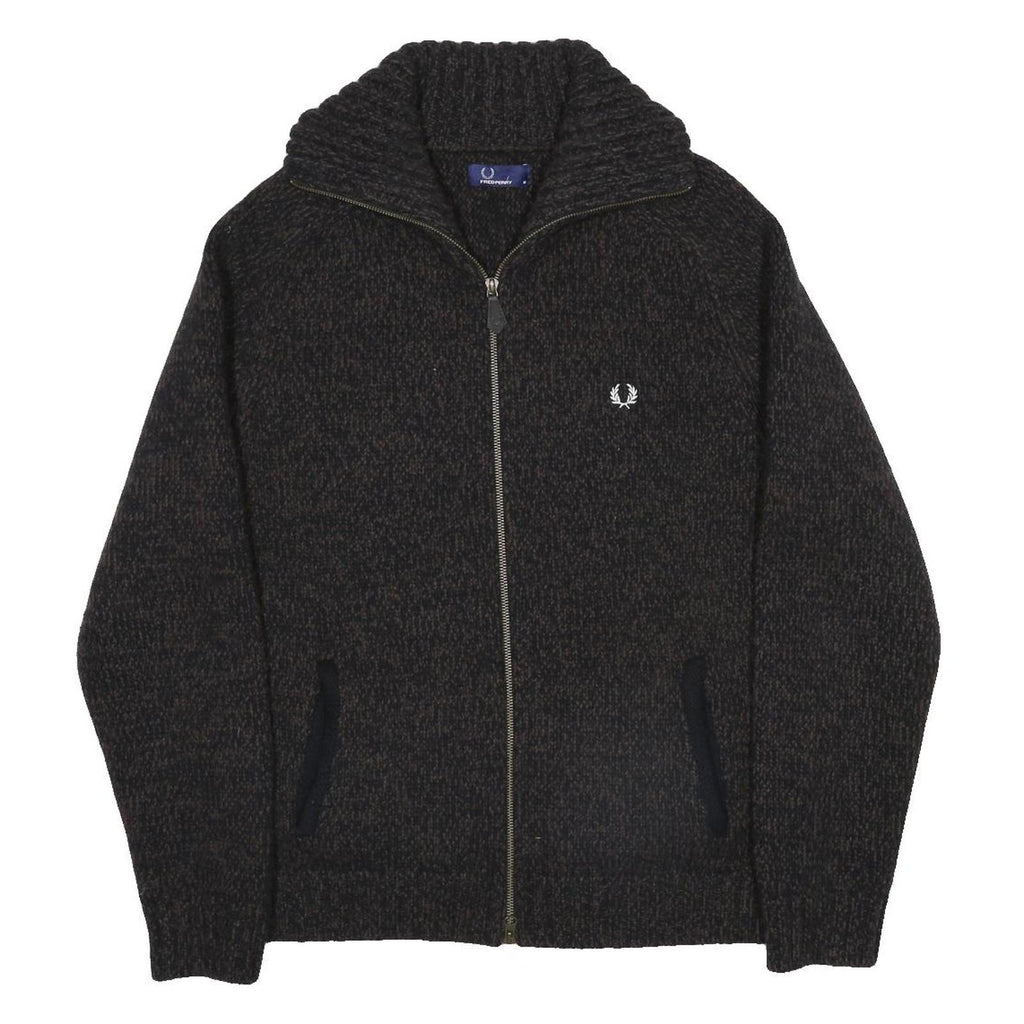 FRED PERRY Mens Black Patterned Zip Up Jumper Crew Neck Basic Knit M Wool Blend