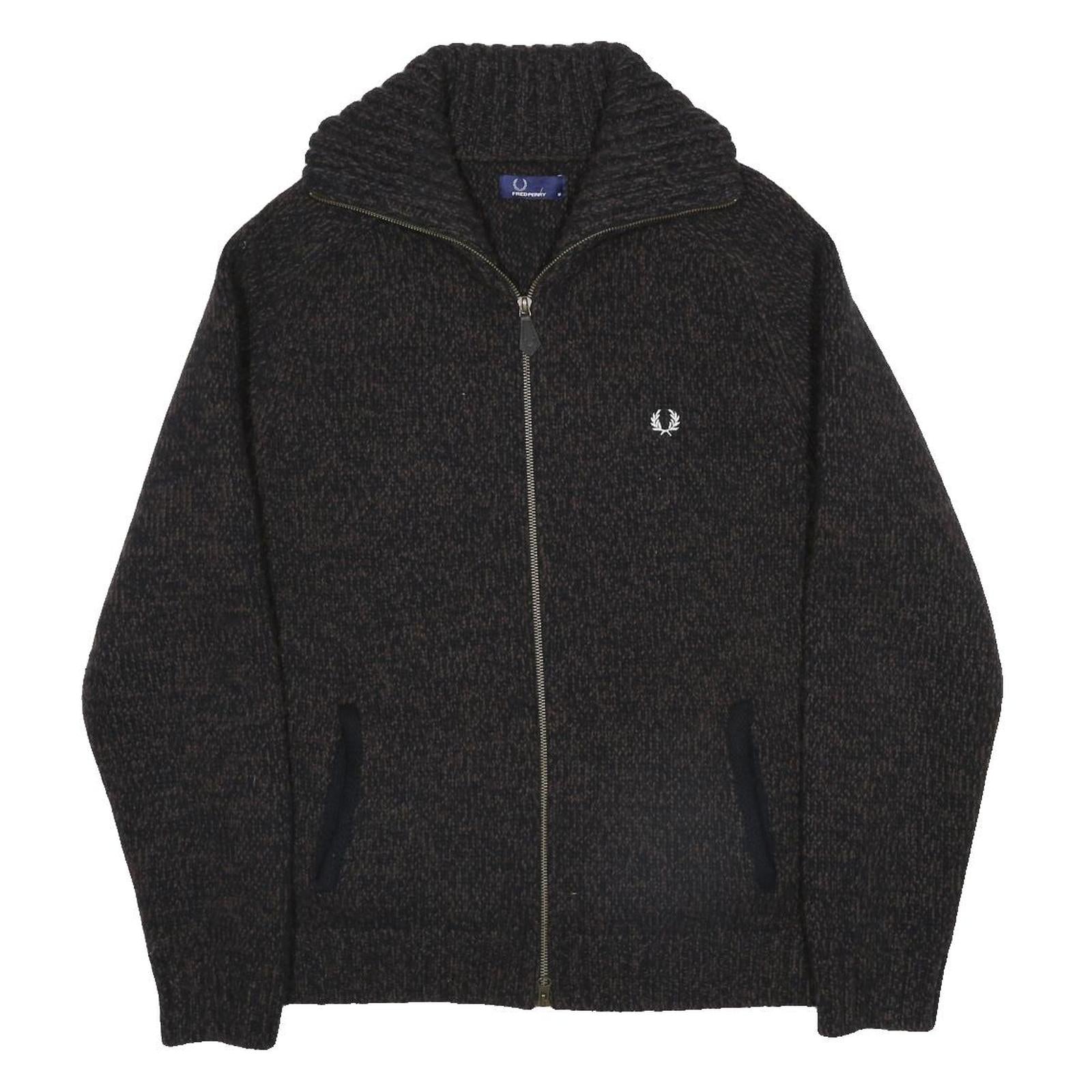 FRED PERRY Mens Black Patterned Zip Up Jumper Crew Neck Basic Knit M Wool Blend