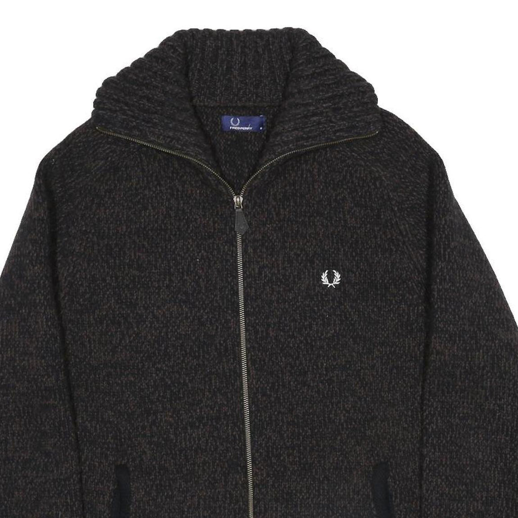 FRED PERRY Mens Black Patterned Zip Up Jumper Crew Neck Basic Knit M Wool Blend
