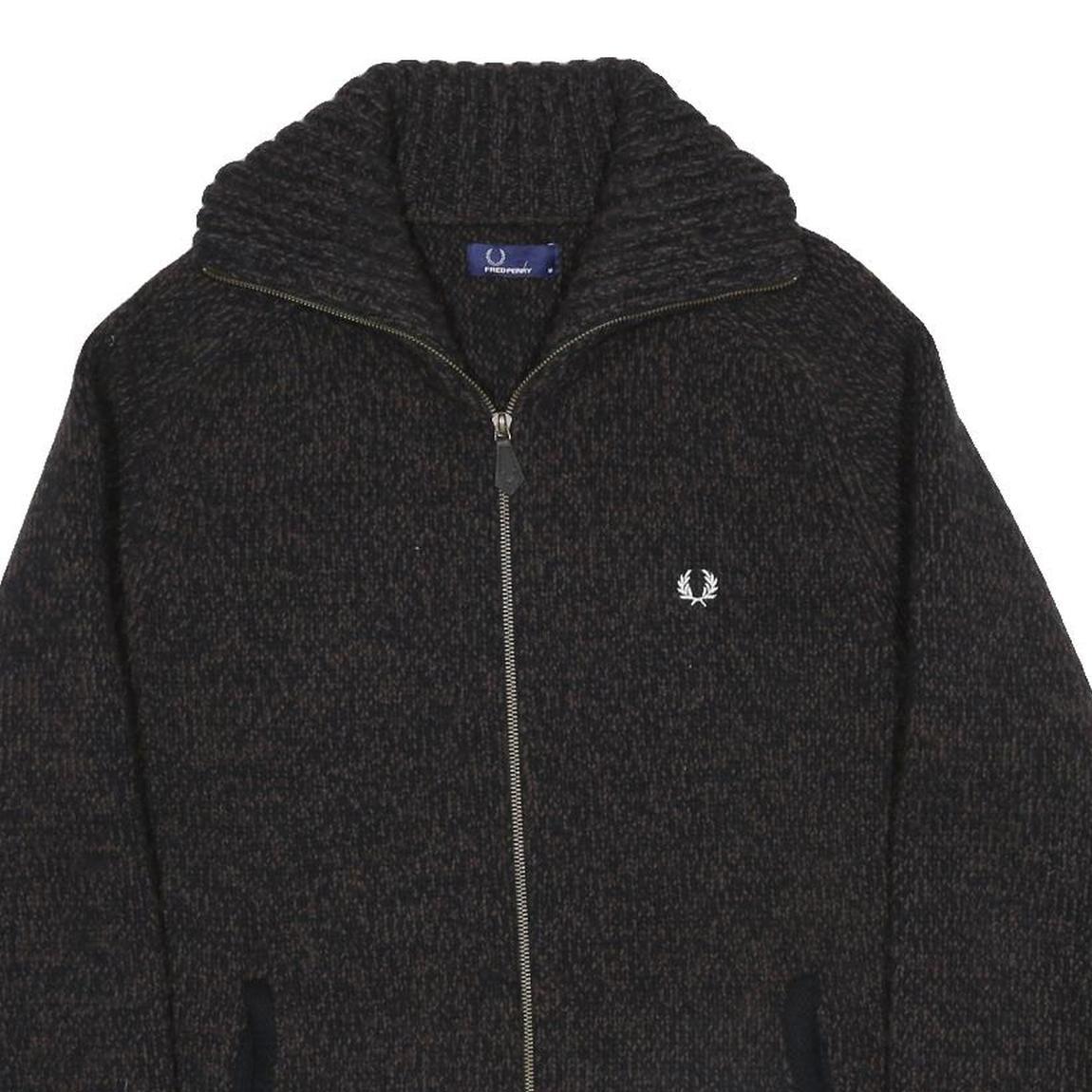 FRED PERRY Mens Black Patterned Zip Up Jumper Crew Neck Basic Knit M Wool Blend