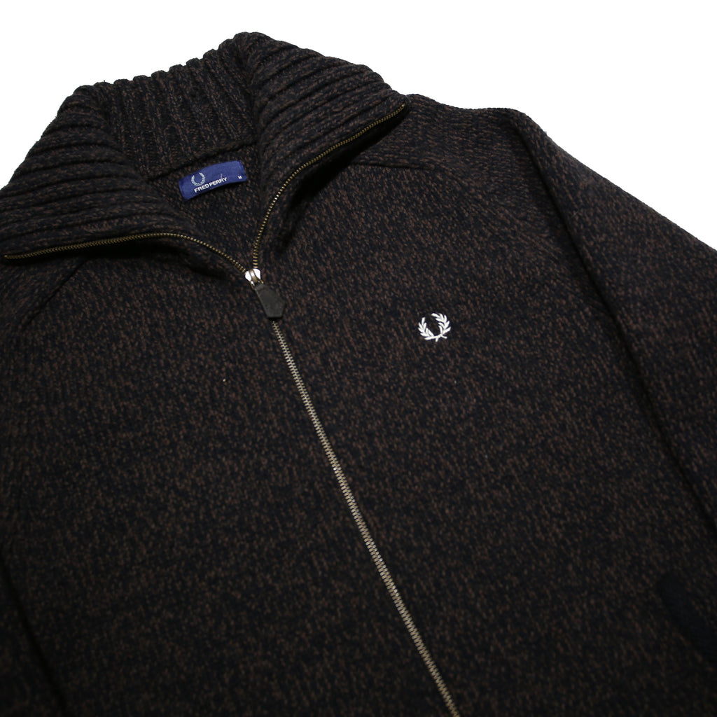 FRED PERRY Mens Black Patterned Zip Up Jumper Crew Neck Basic Knit M Wool Blend