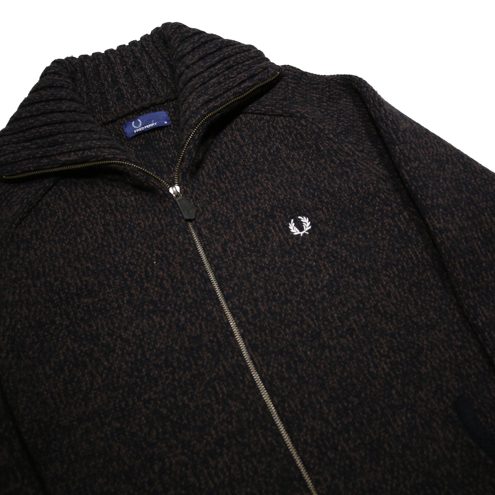FRED PERRY Mens Black Patterned Zip Up Jumper Crew Neck Basic Knit M Wool Blend