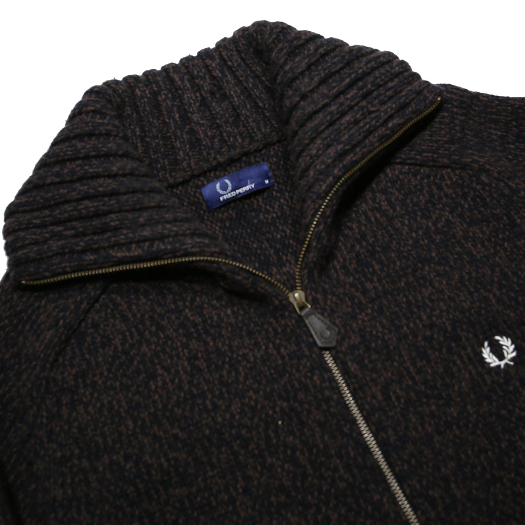 FRED PERRY Mens Black Patterned Zip Up Jumper Crew Neck Basic Knit M Wool Blend