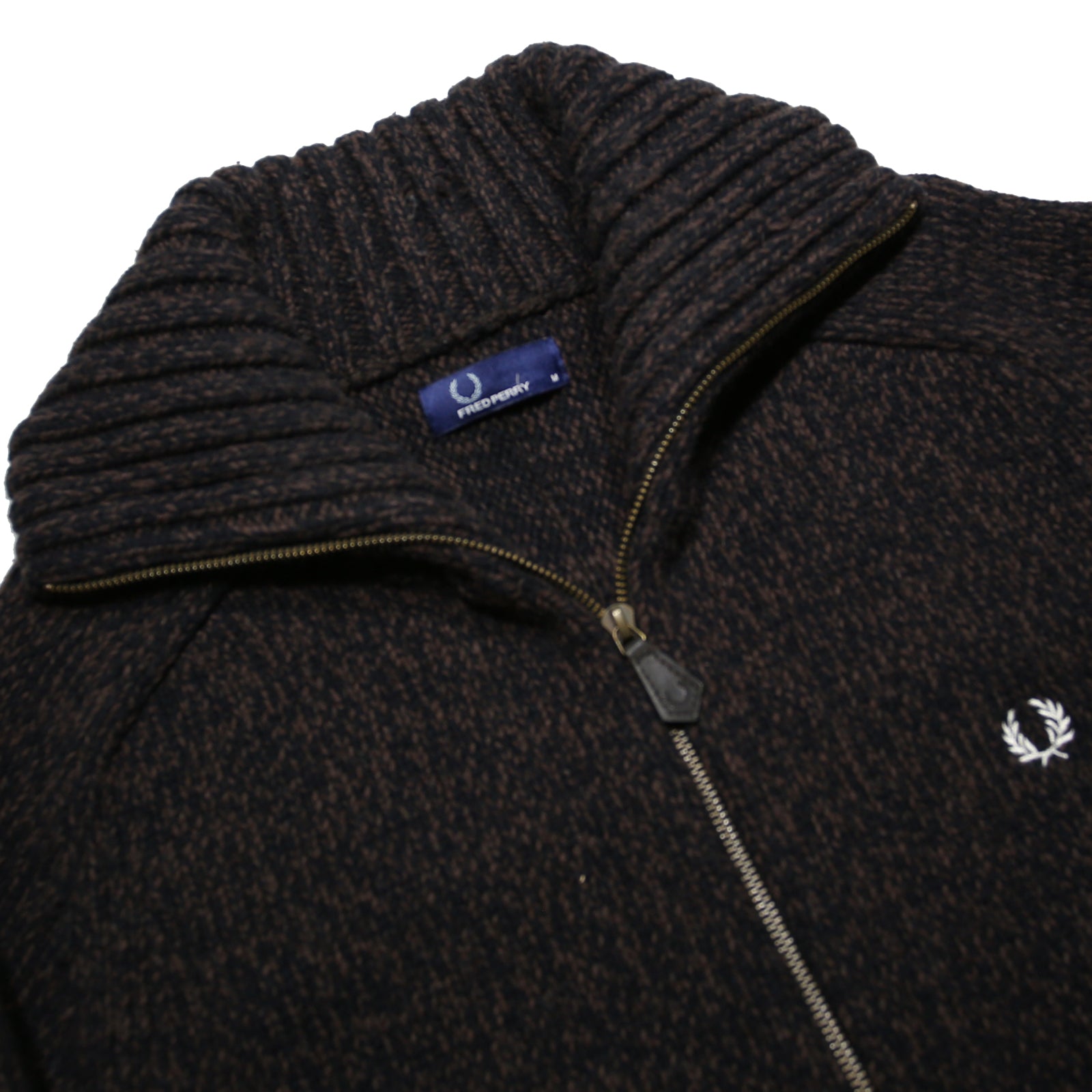 FRED PERRY Mens Black Patterned Zip Up Jumper Crew Neck Basic Knit M Wool Blend