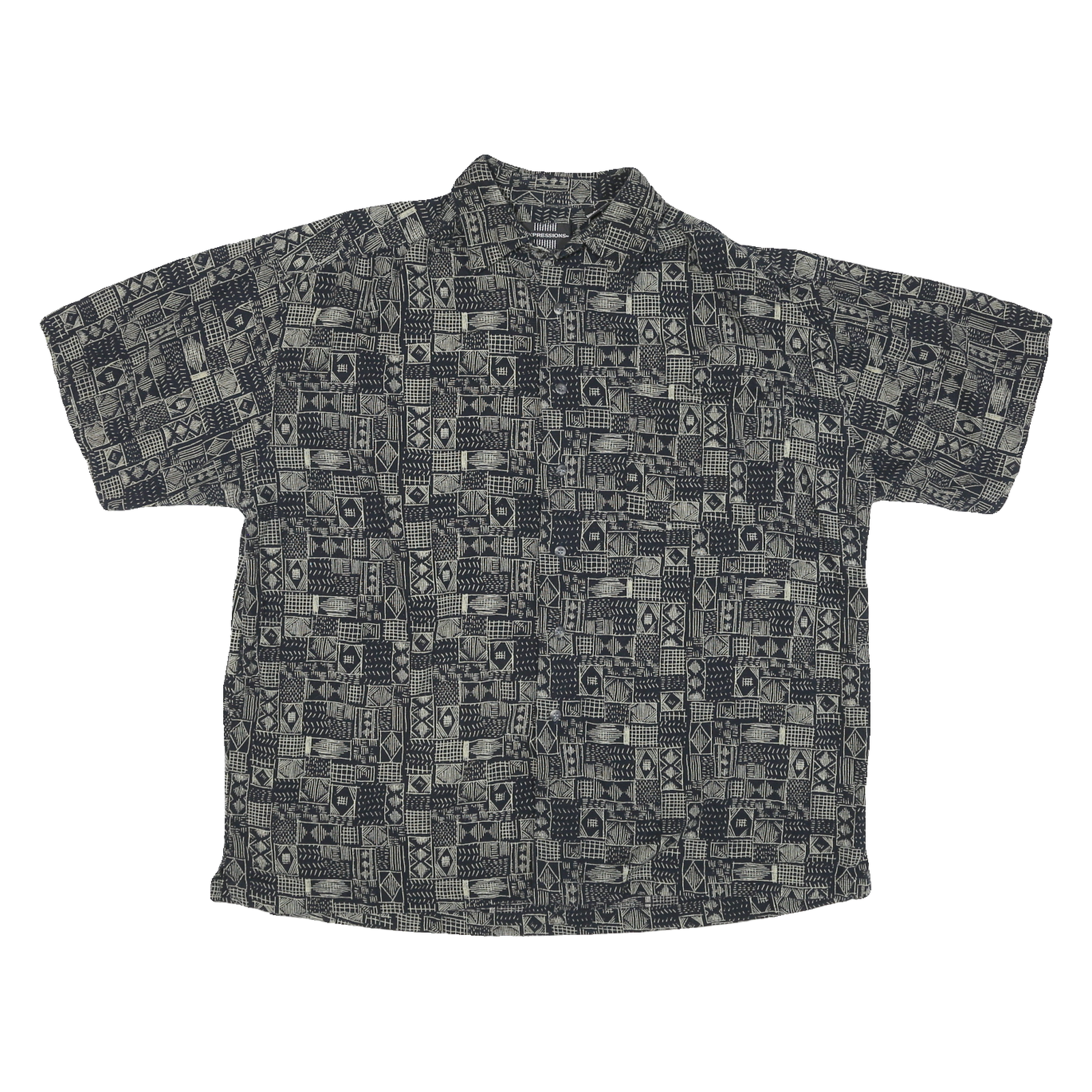 EXPRESSIONS Mens Black & Grey Patterned Short Sleeve Shirt L Cotton Blend Casual
