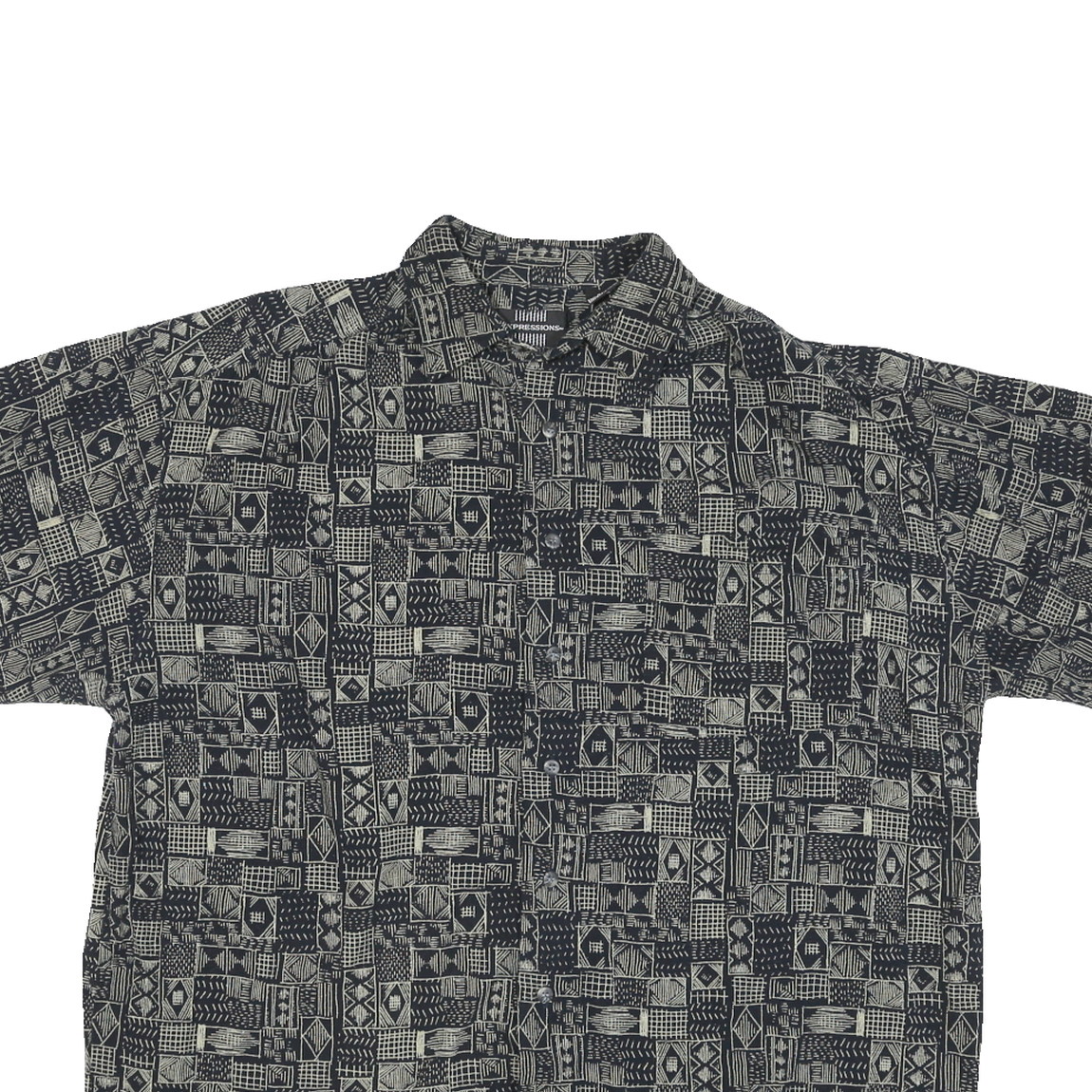 EXPRESSIONS Mens Black & Grey Patterned Short Sleeve Shirt L Cotton Blend Casual
