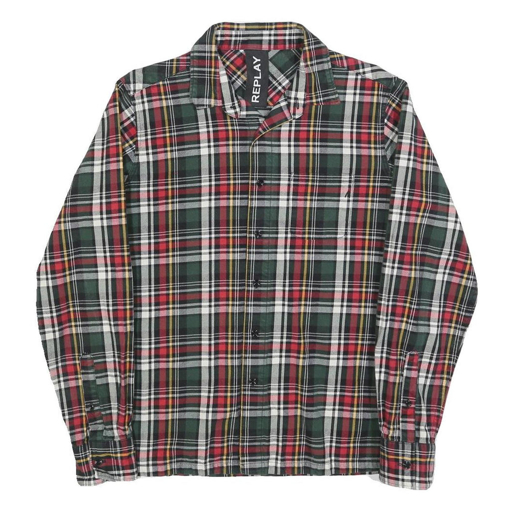 REPLAY Mens Green & Red Check Shirt M Cotton Blend Long Sleeve Casual