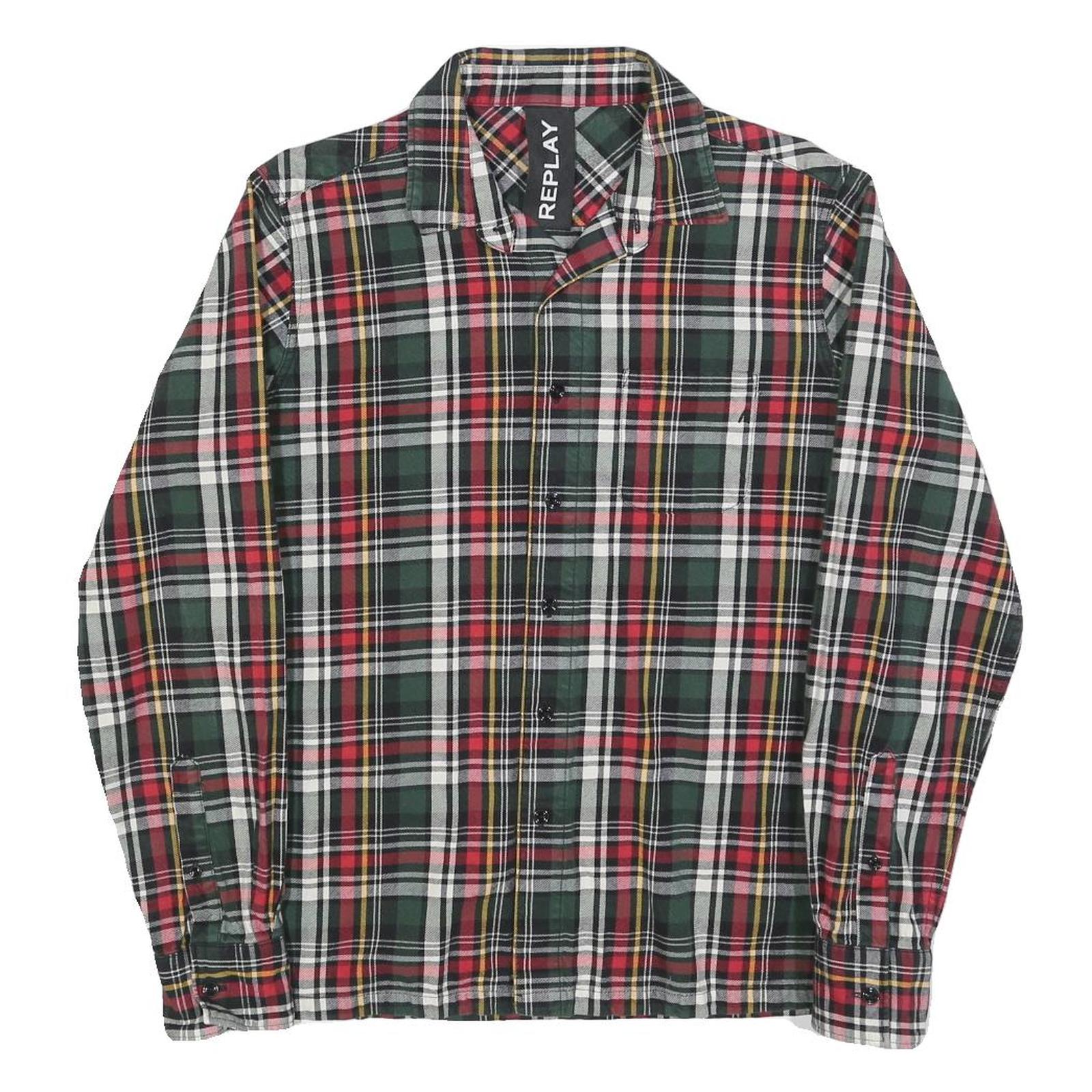 REPLAY Mens Green & Red Check Shirt M Cotton Blend Long Sleeve Casual