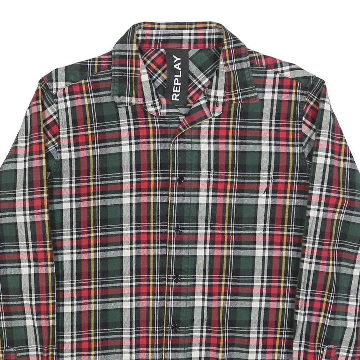 REPLAY Mens Green & Red Check Shirt M Cotton Blend Long Sleeve Casual