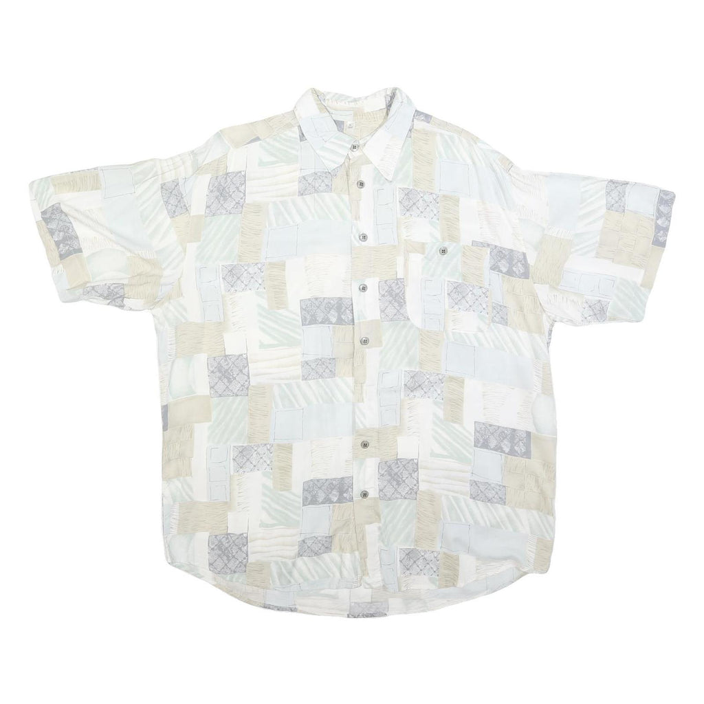 Mens White Beige Grey Patchwork Pattern Cotton Blend Shirt XL Casual Summer