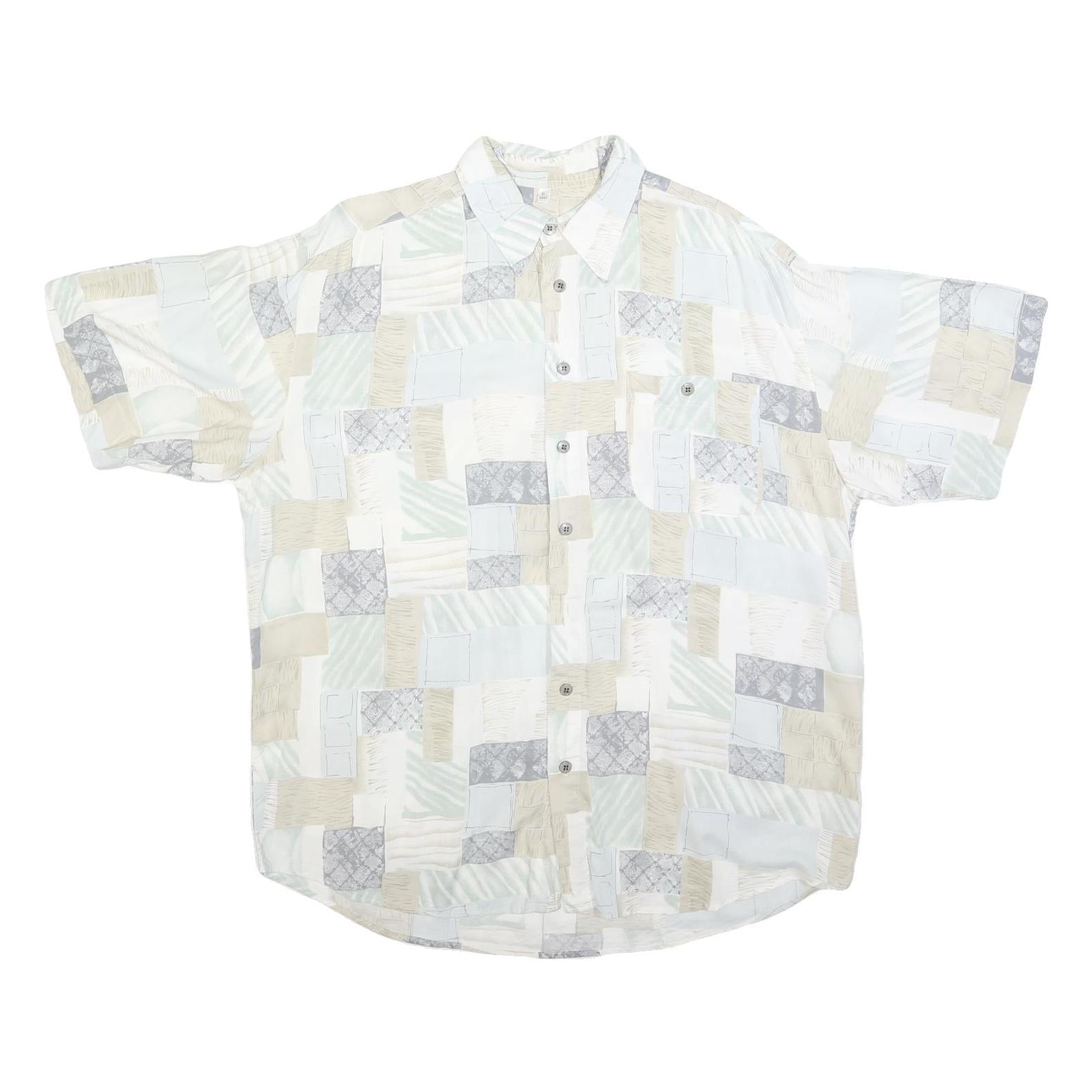 Mens White Beige Grey Patchwork Pattern Cotton Blend Shirt XL Casual Summer