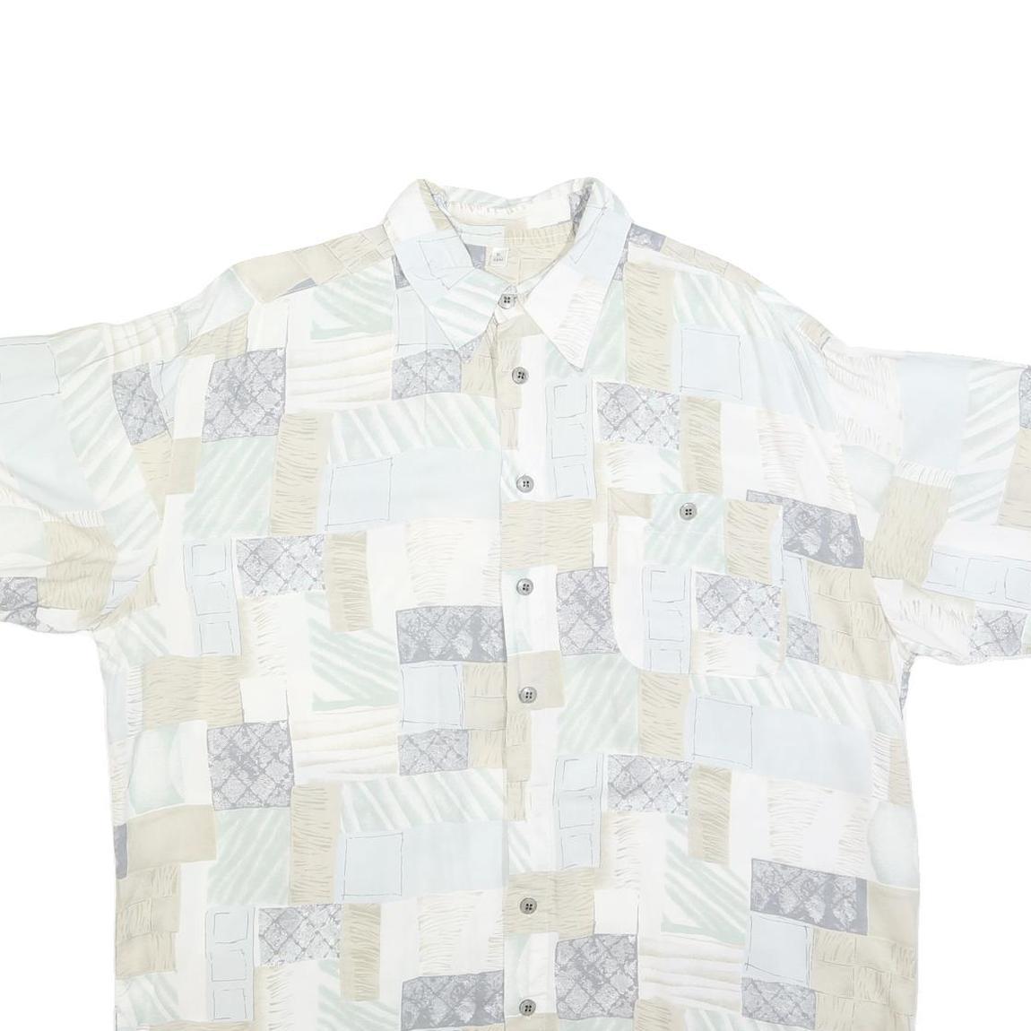 Mens White Beige Grey Patchwork Pattern Cotton Blend Shirt XL Casual Summer