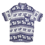 PIDOZA Mens Blue & White Elephant Print Shirt L Cotton Blend Short Sleeve Casual