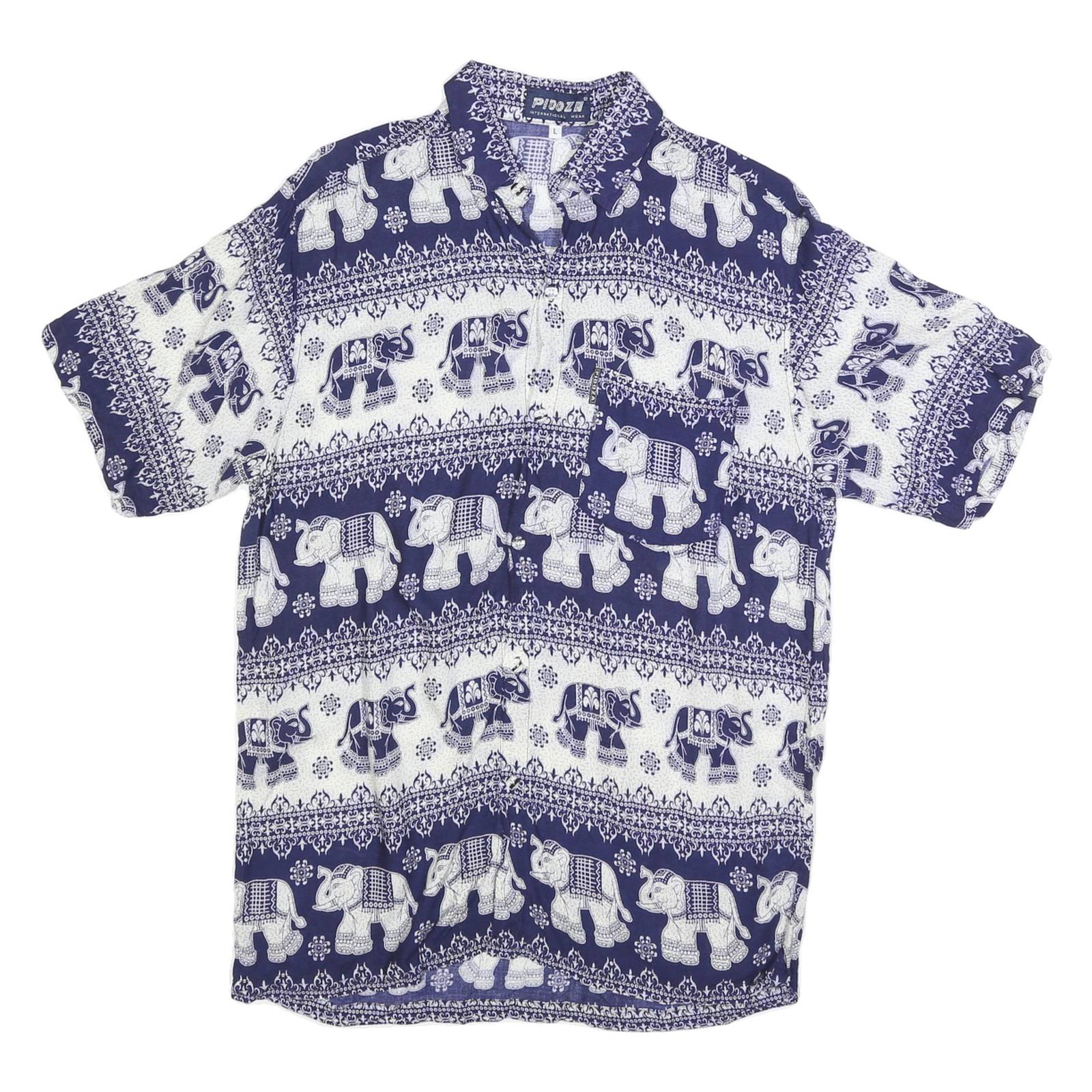 PIDOZA Mens Blue & White Elephant Print Shirt L Cotton Blend Short Sleeve Casual