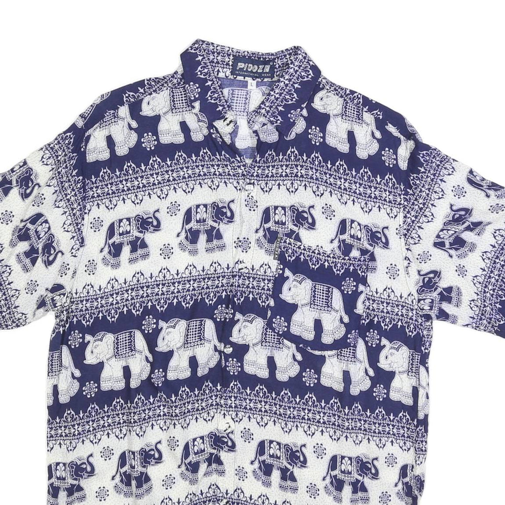 PIDOZA Mens Blue & White Elephant Print Shirt L Cotton Blend Short Sleeve Casual