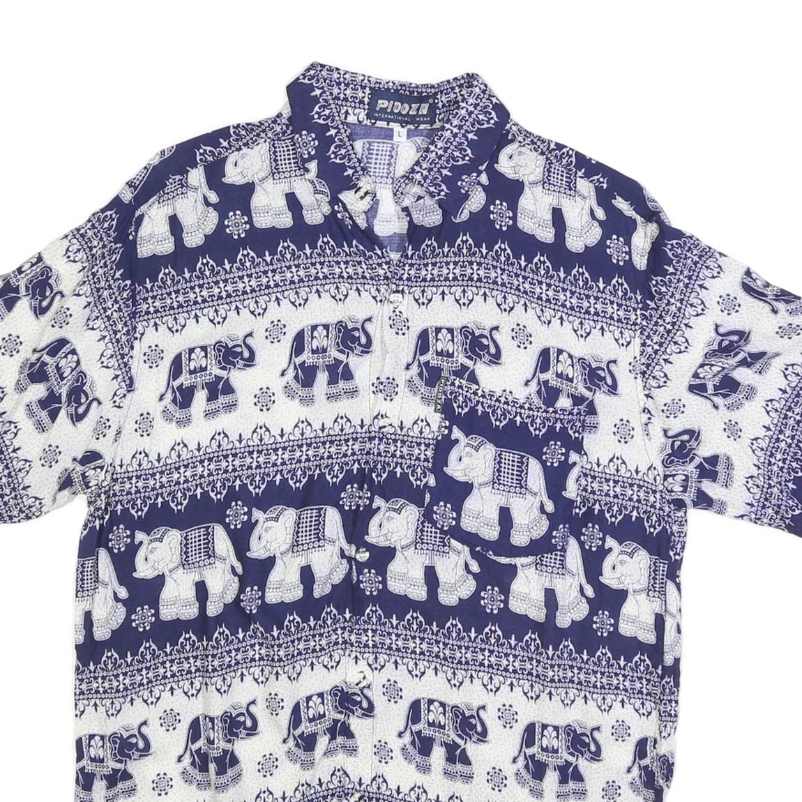 PIDOZA Mens Blue & White Elephant Print Shirt L Cotton Blend Short Sleeve Casual
