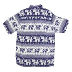PIDOZA Mens Blue & White Elephant Print Shirt L Cotton Blend Short Sleeve Casual