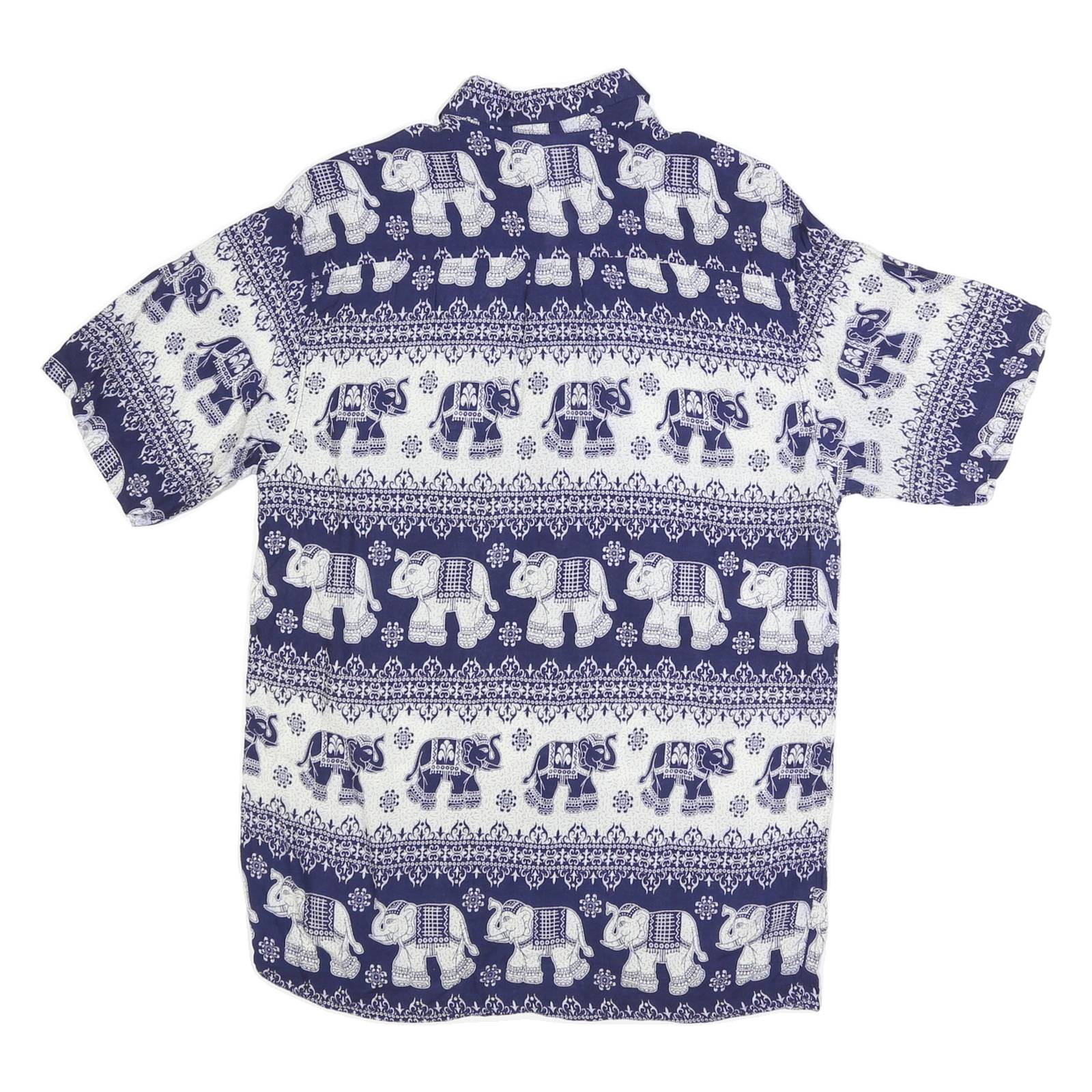 PIDOZA Mens Blue & White Elephant Print Shirt L Cotton Blend Short Sleeve Casual