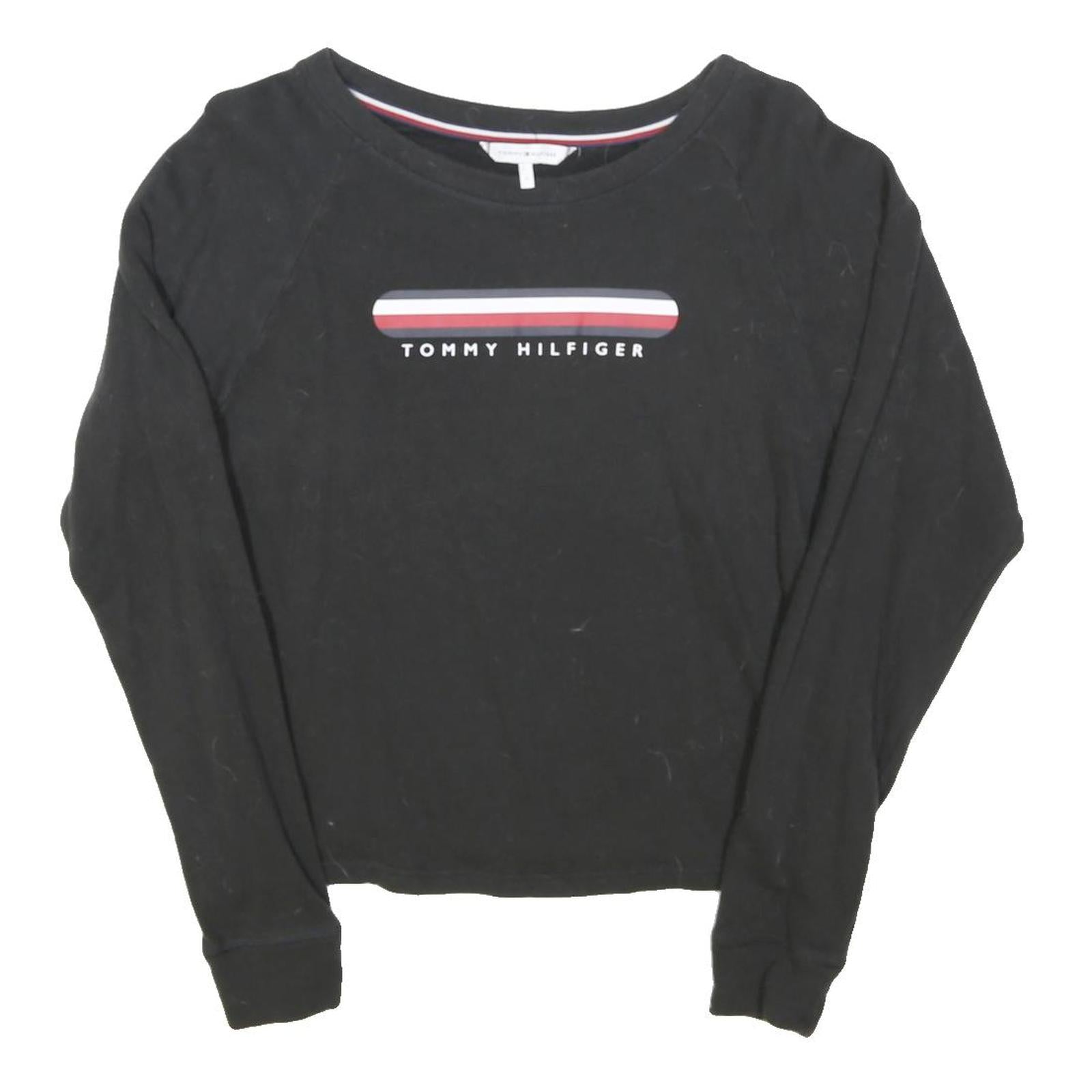 TOMMY HILFIGER Womens Black Graphic T-Shirt S Long Sleeve Crew Neck Cotton Blend