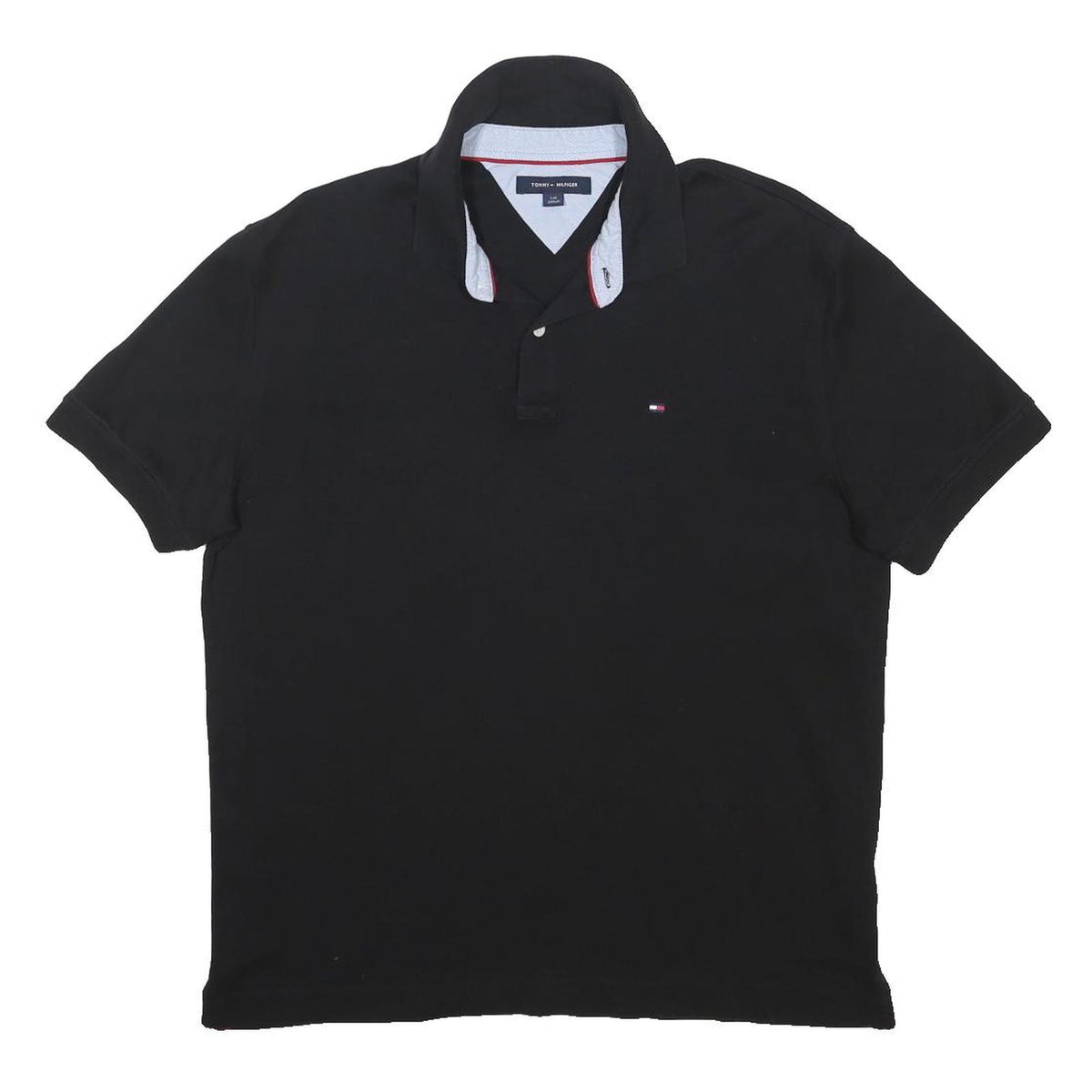 TOMMY HILFIGER Mens Black Short Sleeve Plain Polo Shirt L Cotton Blend Casual