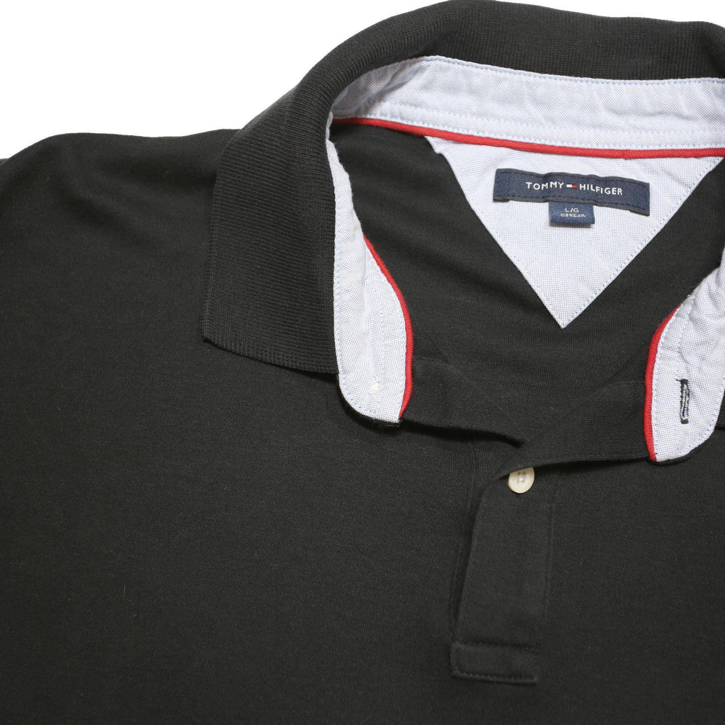 TOMMY HILFIGER Mens Black Short Sleeve Plain Polo Shirt L Cotton Blend Casual