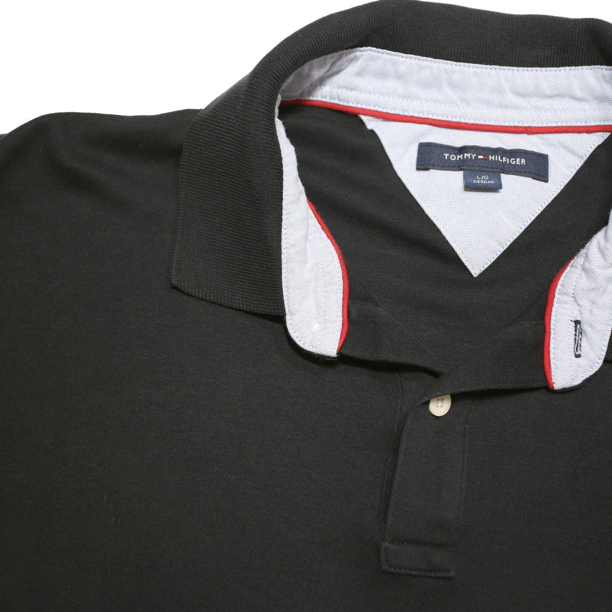TOMMY HILFIGER Mens Black Short Sleeve Plain Polo Shirt L Cotton Blend Casual