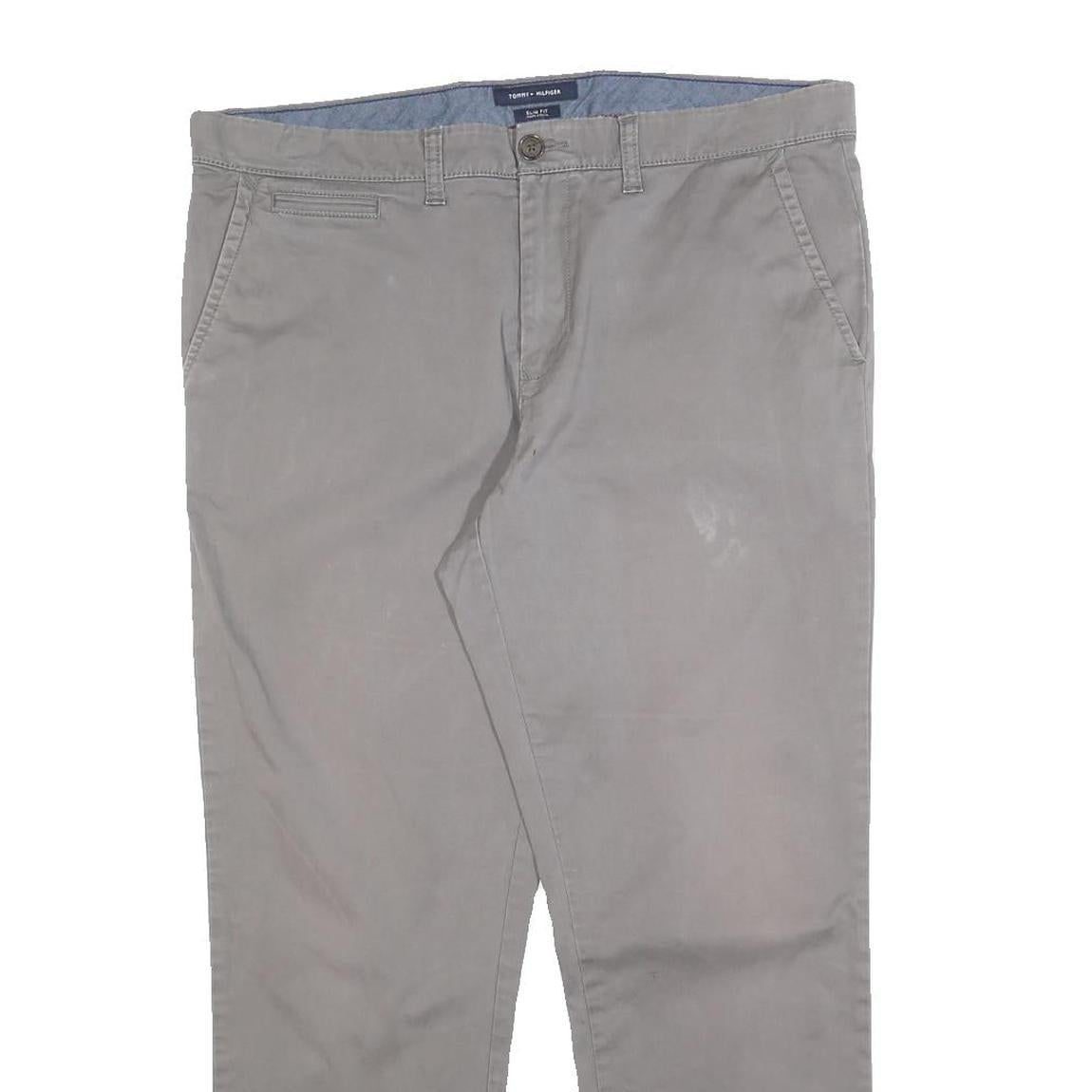 TOMMY HILFIGER Mens Cotton Blend Grey Slim Straight Trousers W36 L26 Casual