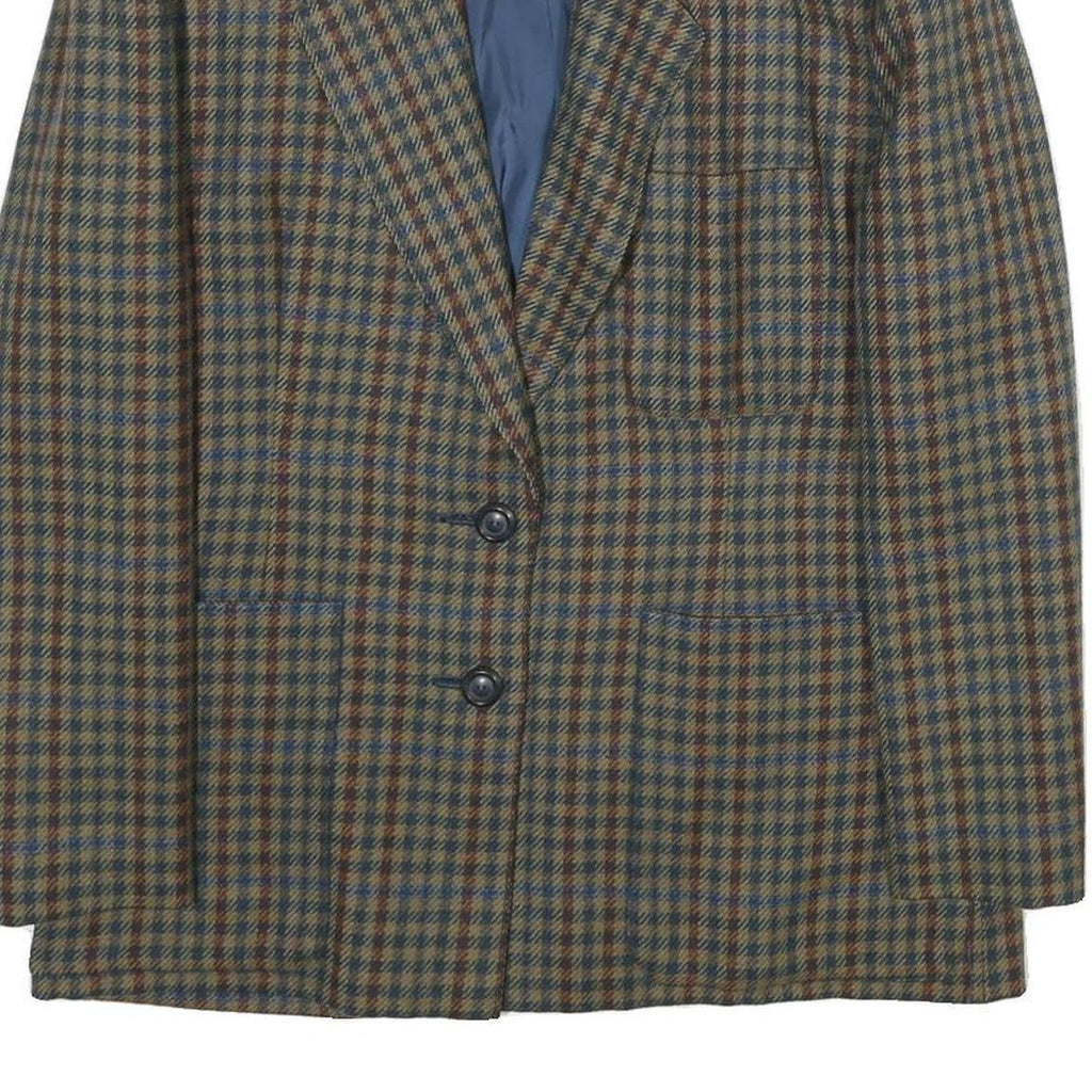 Womens Brown Blue Wool Blend Check Jacket L Button Closure Classic Fit