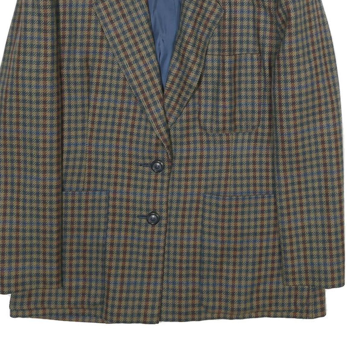 Womens Brown Blue Wool Blend Check Jacket L Button Closure Classic Fit