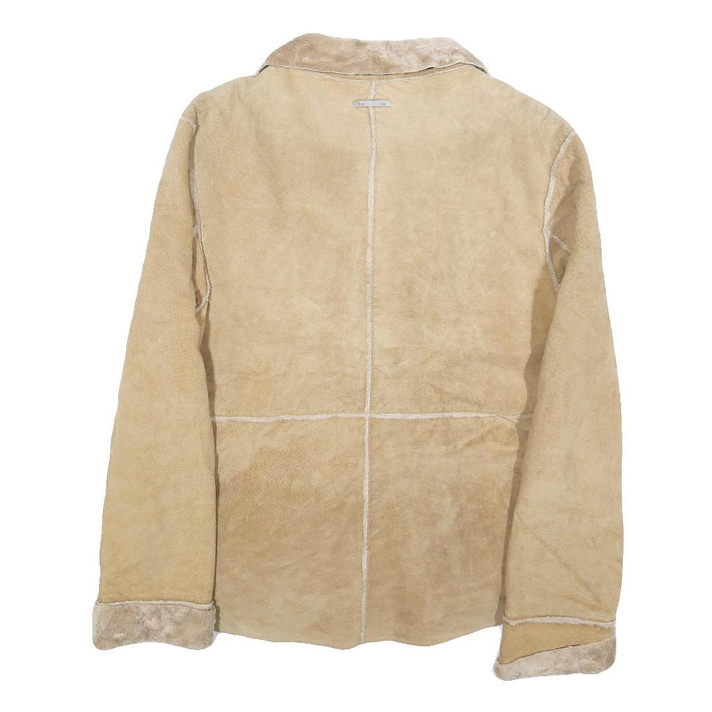 GUESS Womens Beige Leather Jacket S Suede Panel Zip Closure Stylish Outerwear