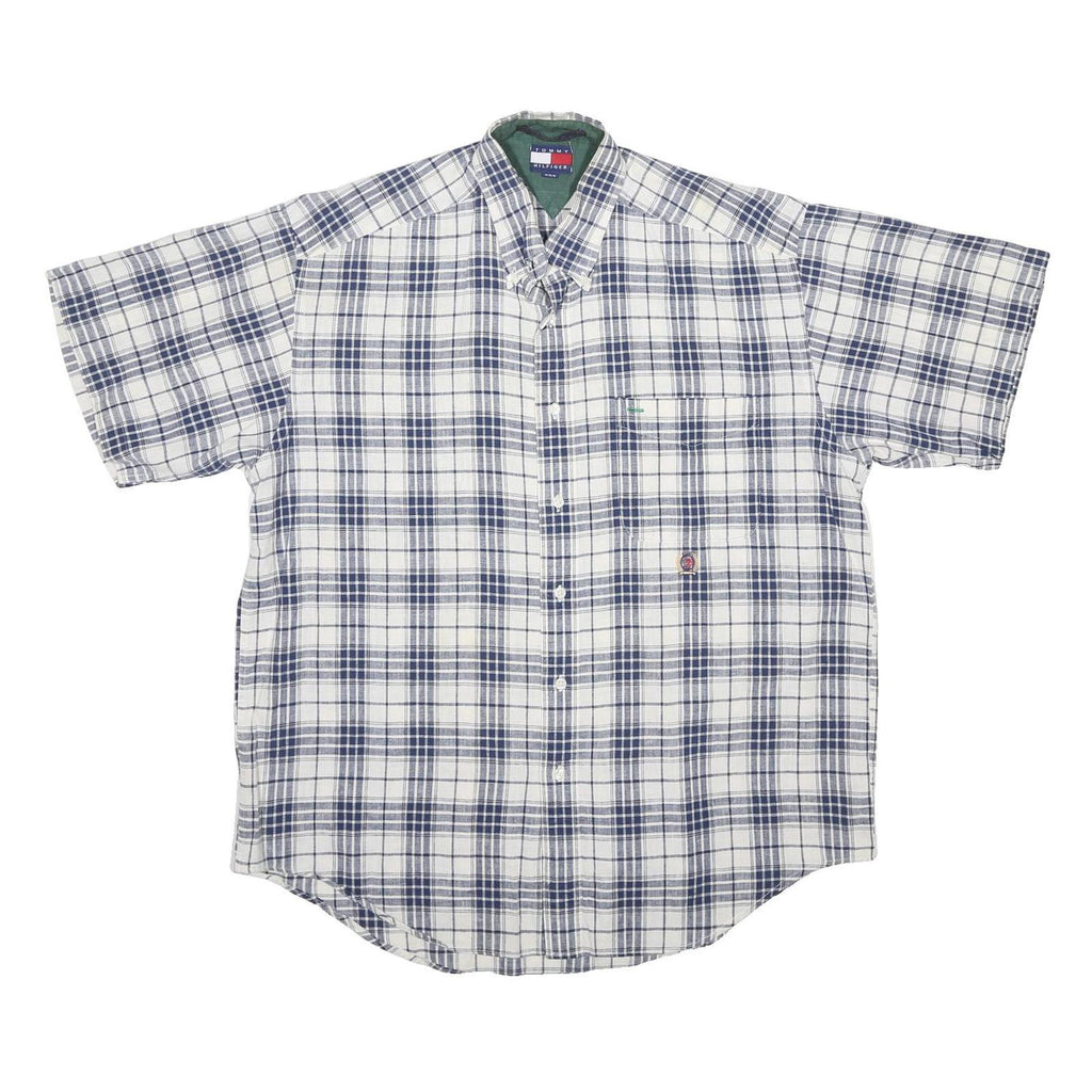 TOMMY HILFIGER Mens Blue & White Check Short Sleeve Shirt M Casual Summer Linen