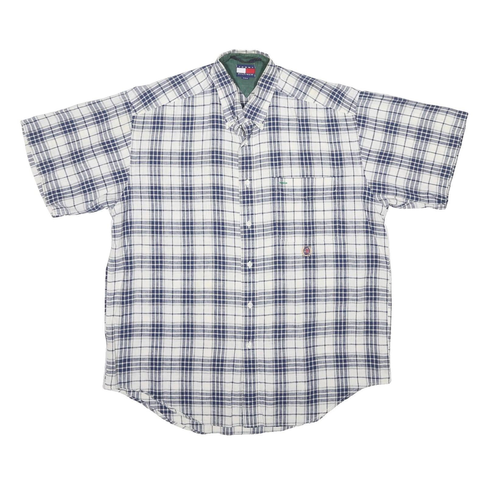 TOMMY HILFIGER Mens Blue & White Check Short Sleeve Shirt M Casual Summer Linen