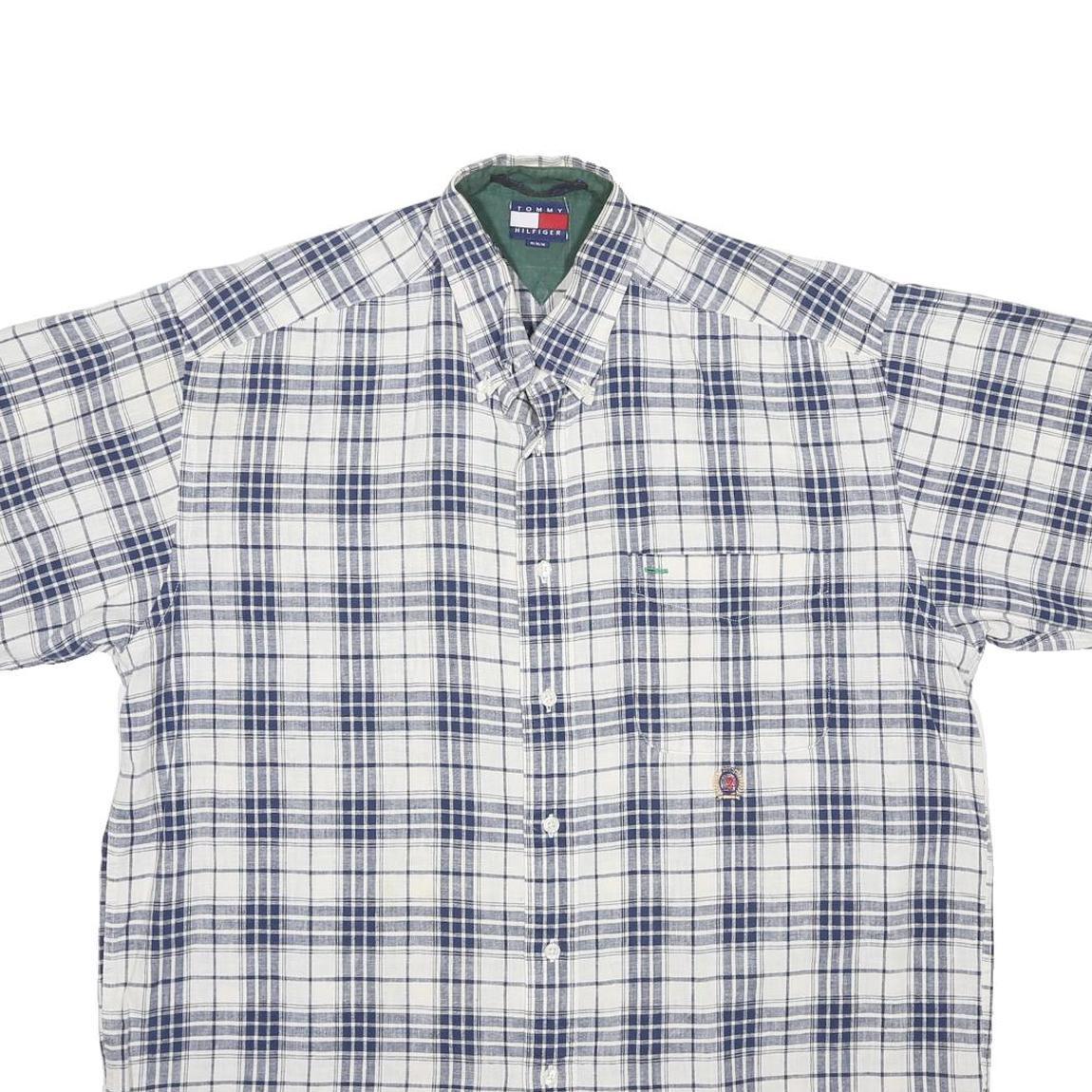 TOMMY HILFIGER Mens Blue & White Check Short Sleeve Shirt M Casual Summer Linen