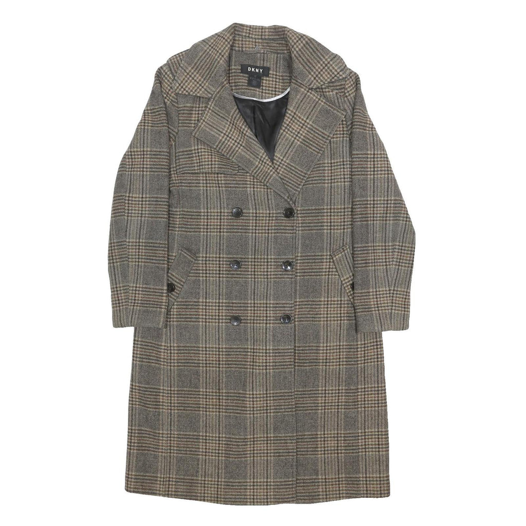 DKNY Womens Grey & Tan Checked Double Breasted Jacket M Polyester Blend