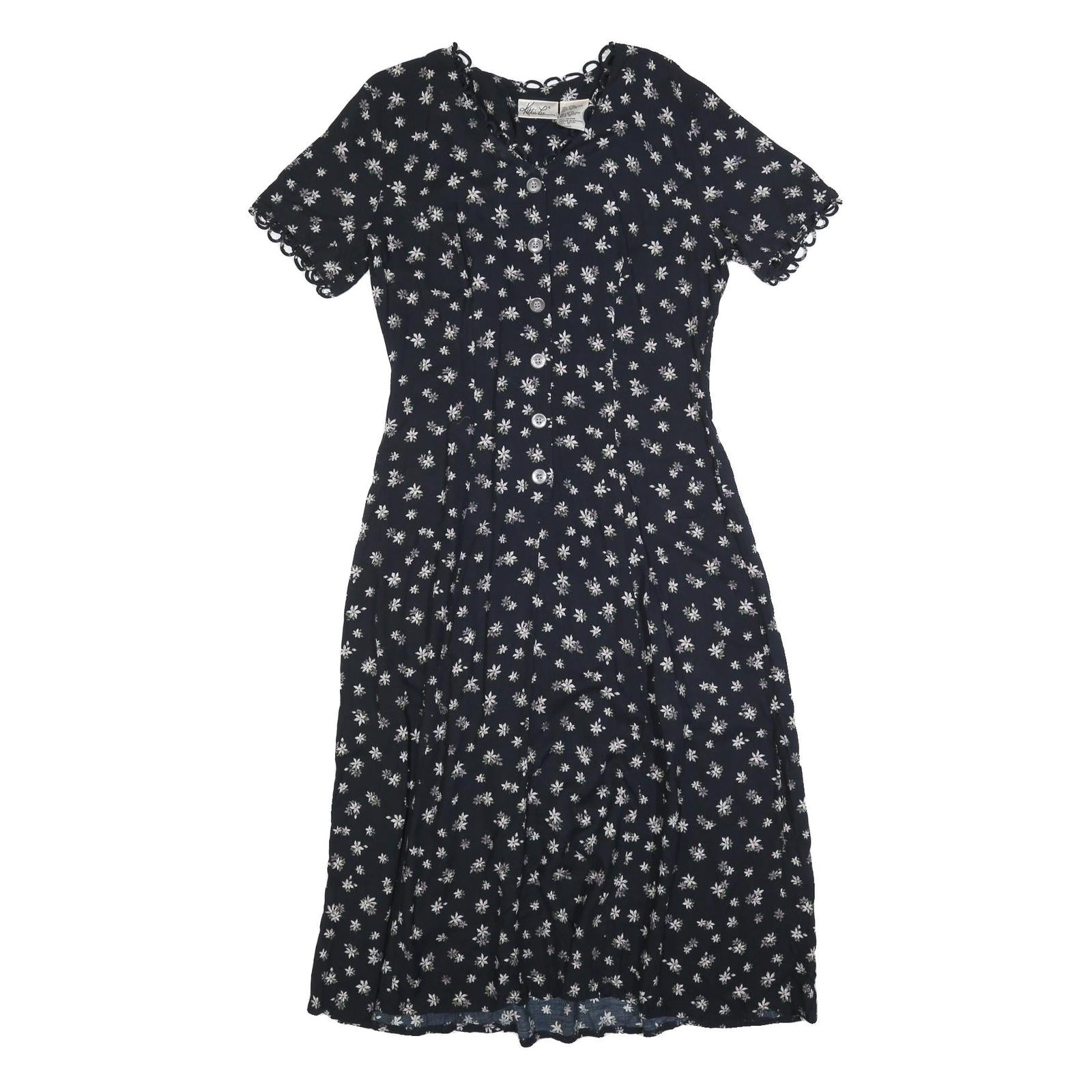 KATHIE LEO Womens Black Floral Cotton Blend Day Dress Midi M Button Front