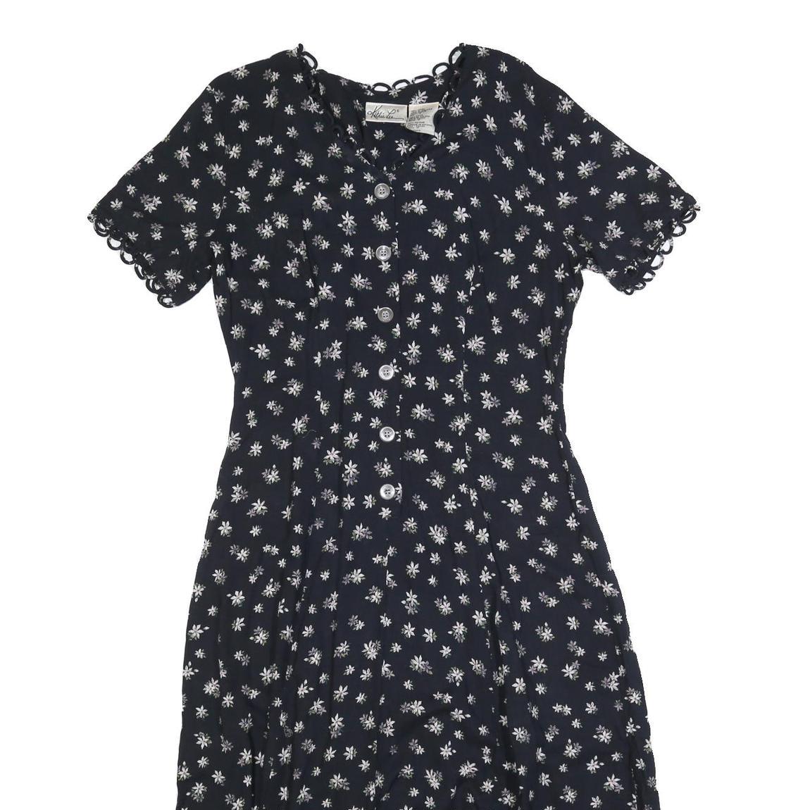 KATHIE LEO Womens Black Floral Cotton Blend Day Dress Midi M Button Front