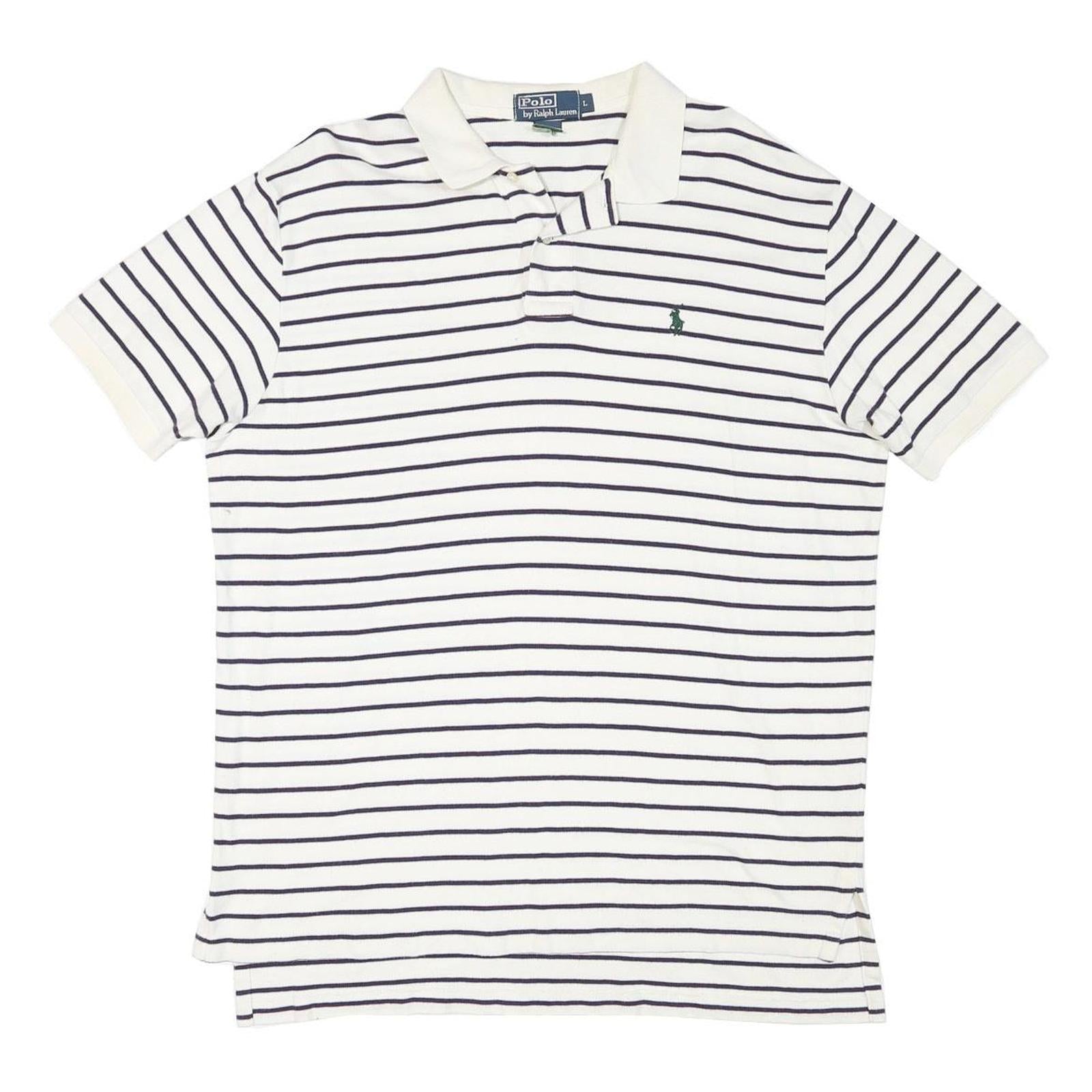 POLO RALPH LAUREN Mens White & Navy Striped Short Sleeve Polo Shirt L Cotton
