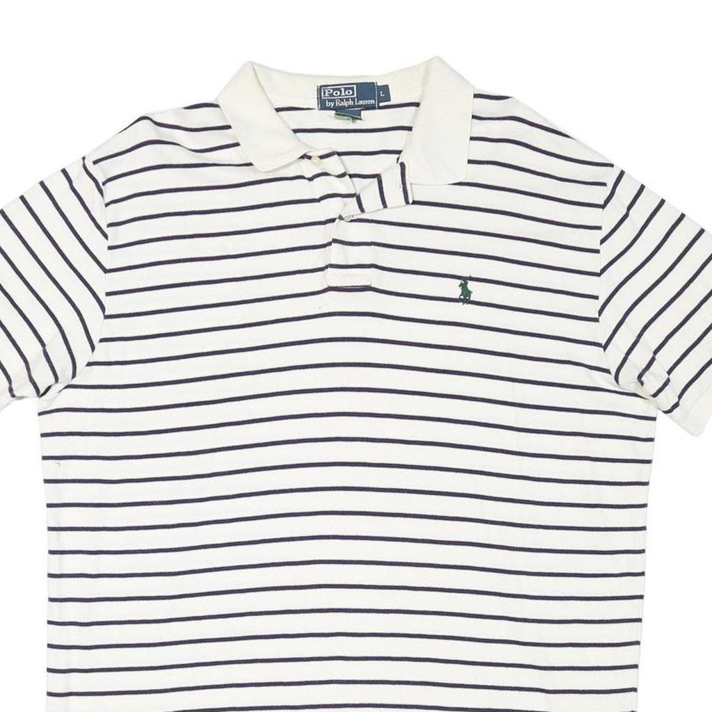 POLO RALPH LAUREN Mens White & Navy Striped Short Sleeve Polo Shirt L Cotton