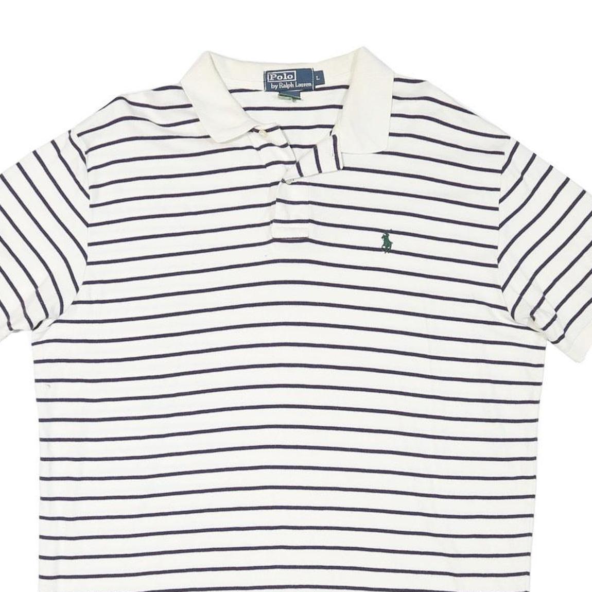 POLO RALPH LAUREN Mens White & Navy Striped Short Sleeve Polo Shirt L Cotton