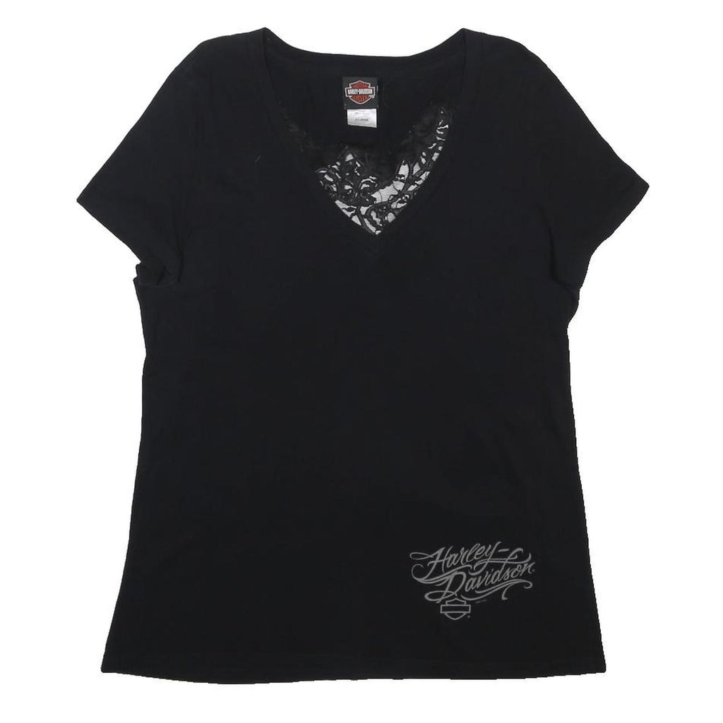 HARLEY DAVIDSON Womens Black Lace Detail V-Neck T-Shirt XL Stylish Cotton Blend