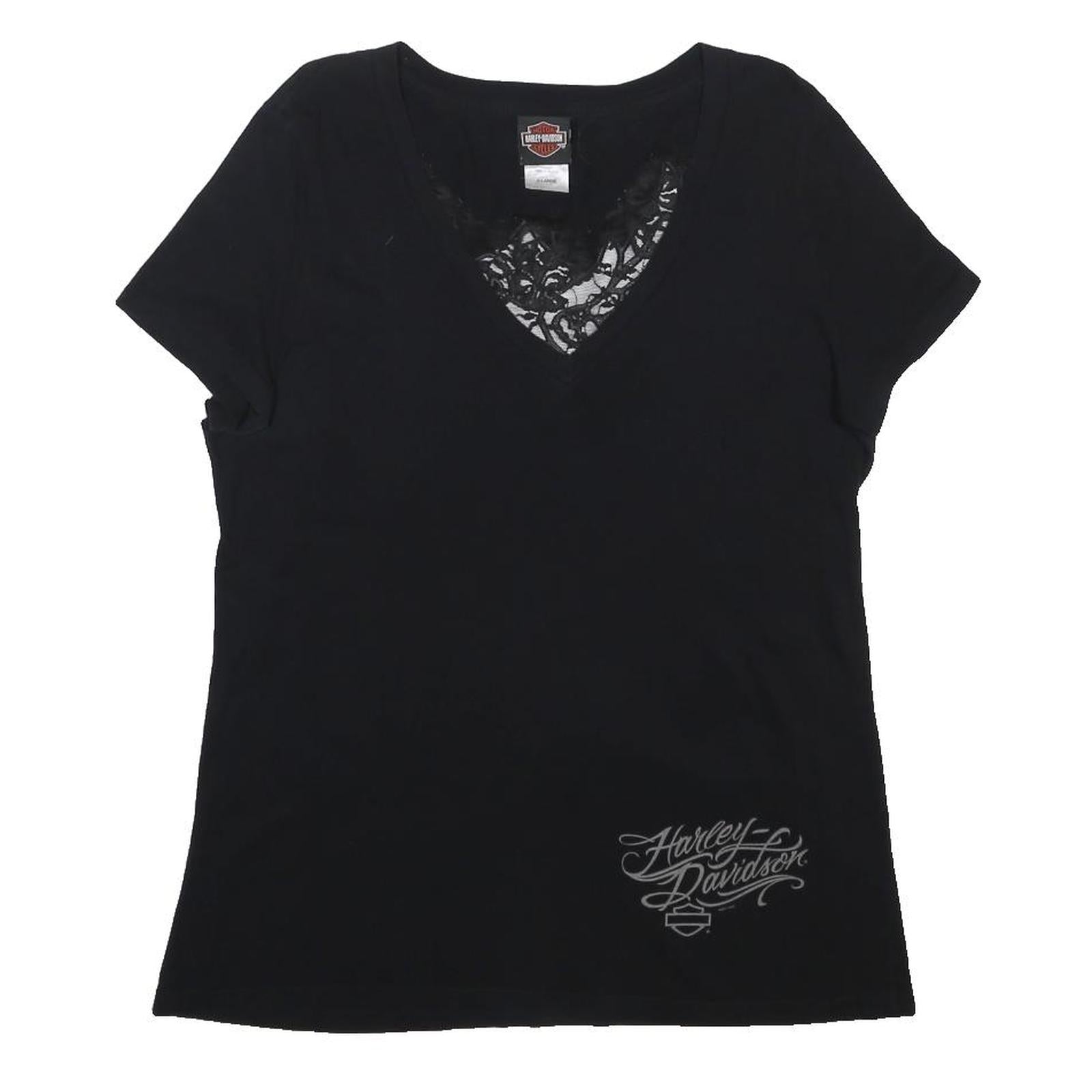 HARLEY DAVIDSON Womens Black Lace Detail V-Neck T-Shirt XL Stylish Cotton Blend