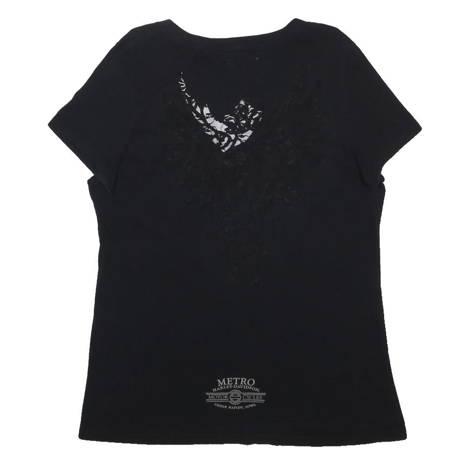 HARLEY DAVIDSON Womens Black Lace Detail V-Neck T-Shirt XL Stylish Cotton Blend