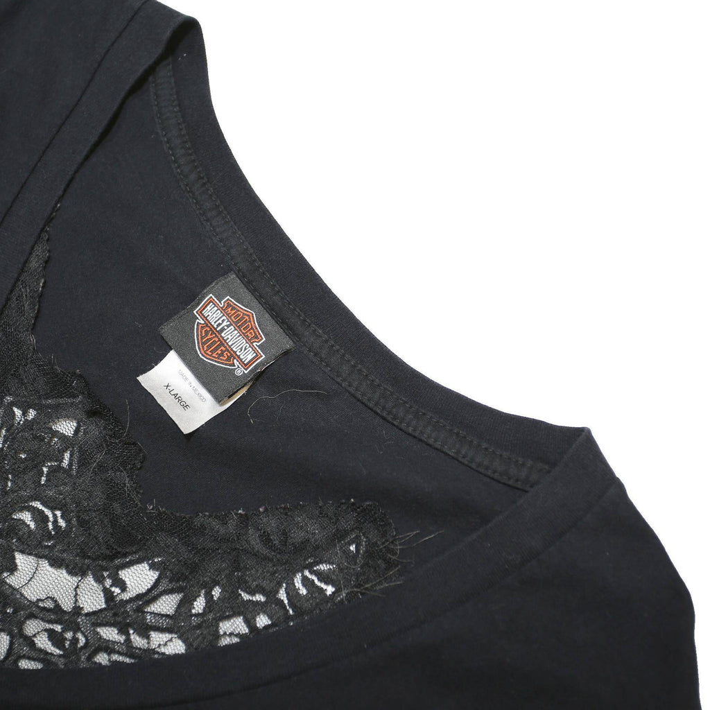 HARLEY DAVIDSON Womens Black Lace Detail V-Neck T-Shirt XL Stylish Cotton Blend